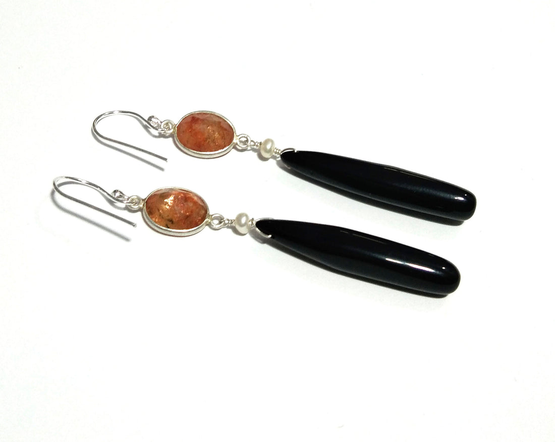 Natural Black Onyx, Sunstone Stone Earring, 925 Solid Starling Silver Earring, Onyx, Sunstone Size 35x6 mm to 8x9 mm Gift Christmas