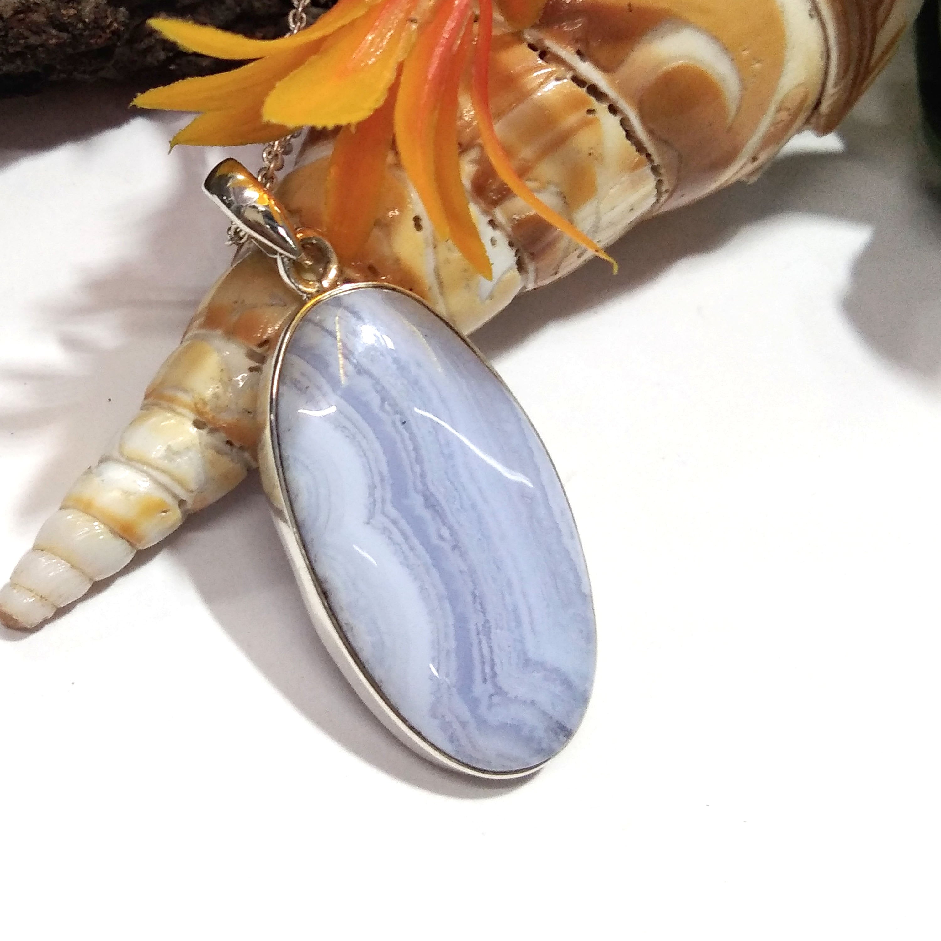 Natural Blue Lace Agate Gemstone Pendant Necklace Chain, 925 Starling Silver Pendant Necklace, Handmade Jewelry Stone Size 33x18 mm Pendant
