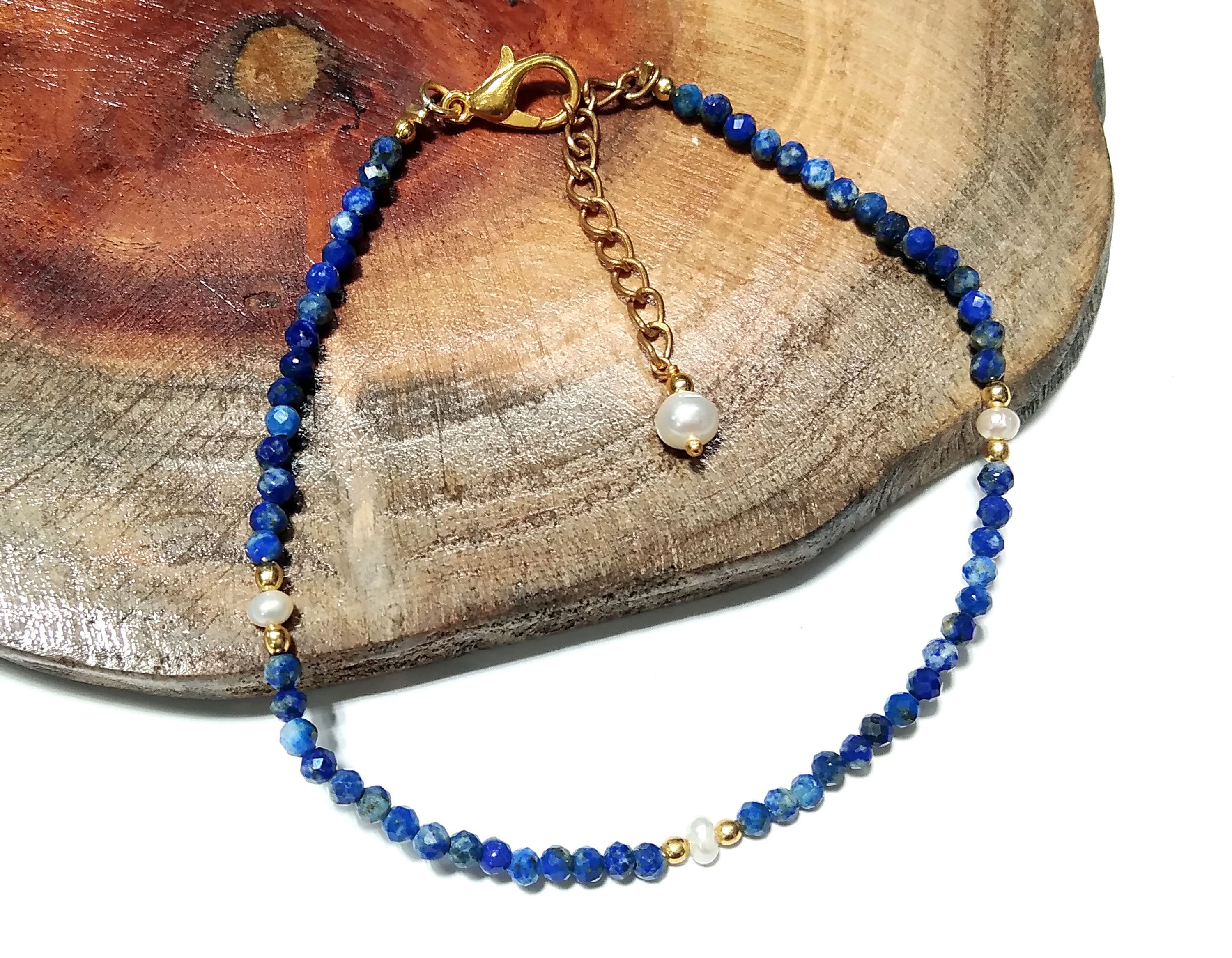 Natural Lapis Lazuli Faceted & Pearl Bracelet, 925 Sterling Silver Stone Bracelet, Top Amazing Quality Gold Silver Making Pearl Bracelet