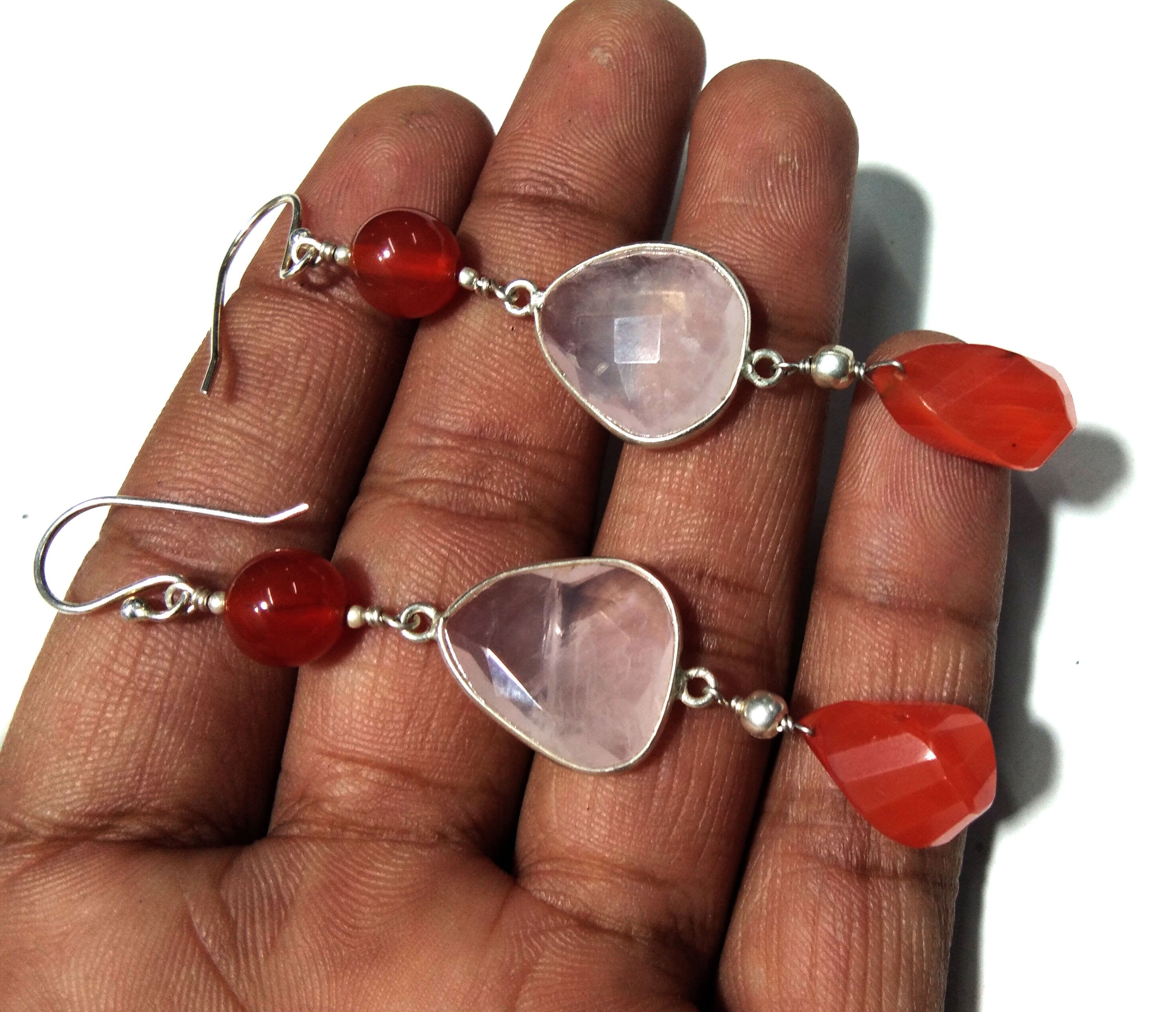 Natural Carnelian, Rose Quartz Earrings, 925 Solid Starling Silver Earring, Carnelian Stone Handmade Earring, Gift Women Wedding Earring