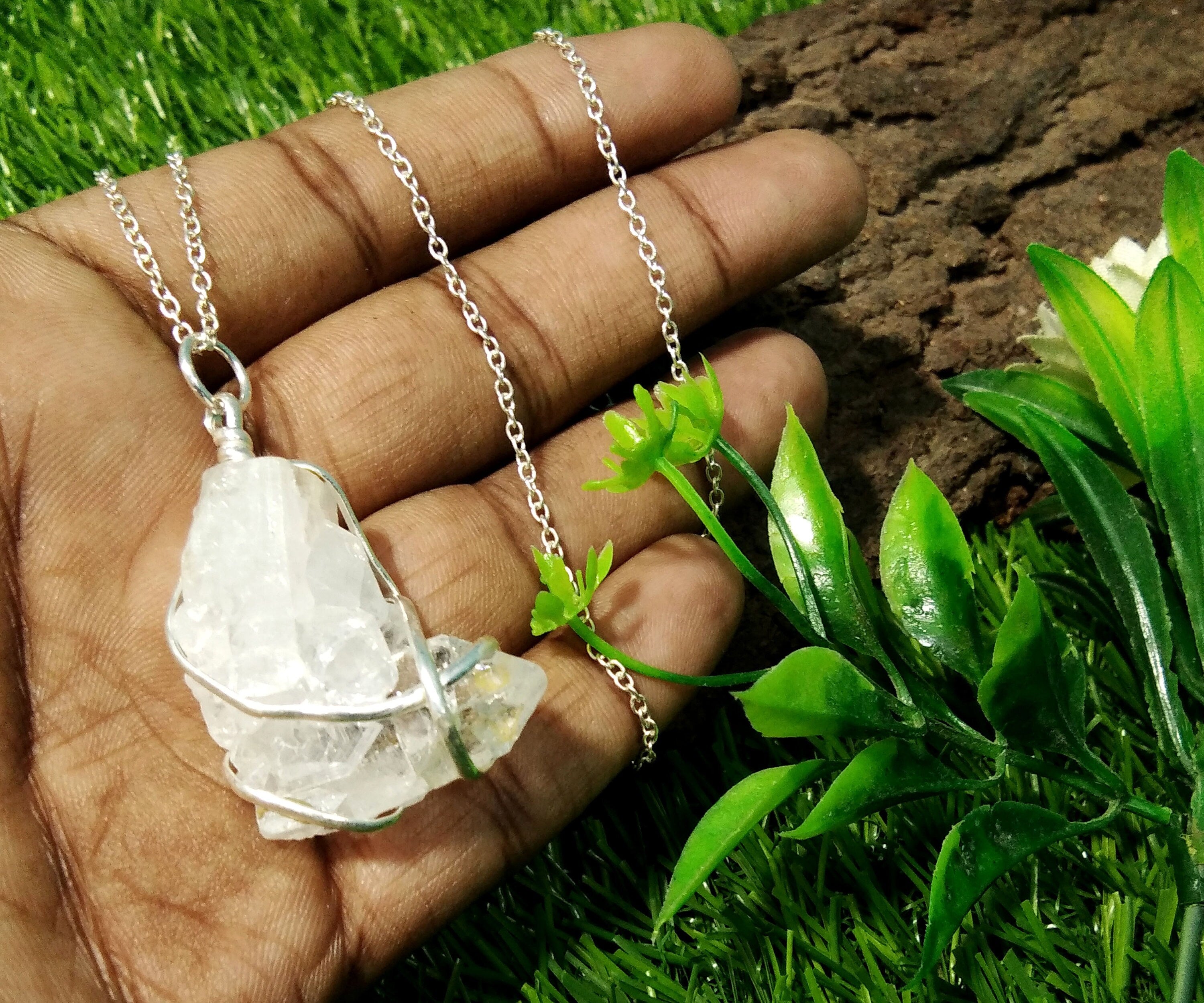 Rock Crystal Quartz Pendants Chain Necklace, 100% Natural Crystal Quartz Raw Pendant With 925 Silver Handmade Jewelry Gift For Girls & Women