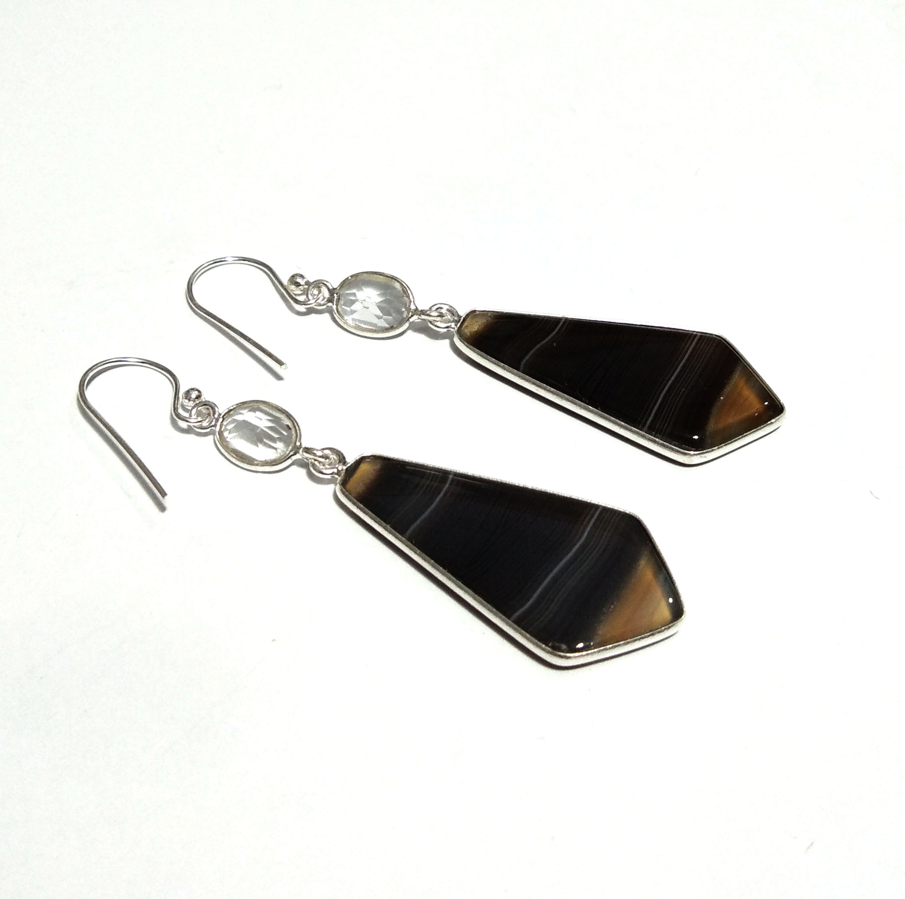 Natural Black Blue Banded Agate/Zircon Gemstone Earring, 925 Solid Starling Silver Earring, Stone Size 33x16mm Gift Birthday Earring Jewelry
