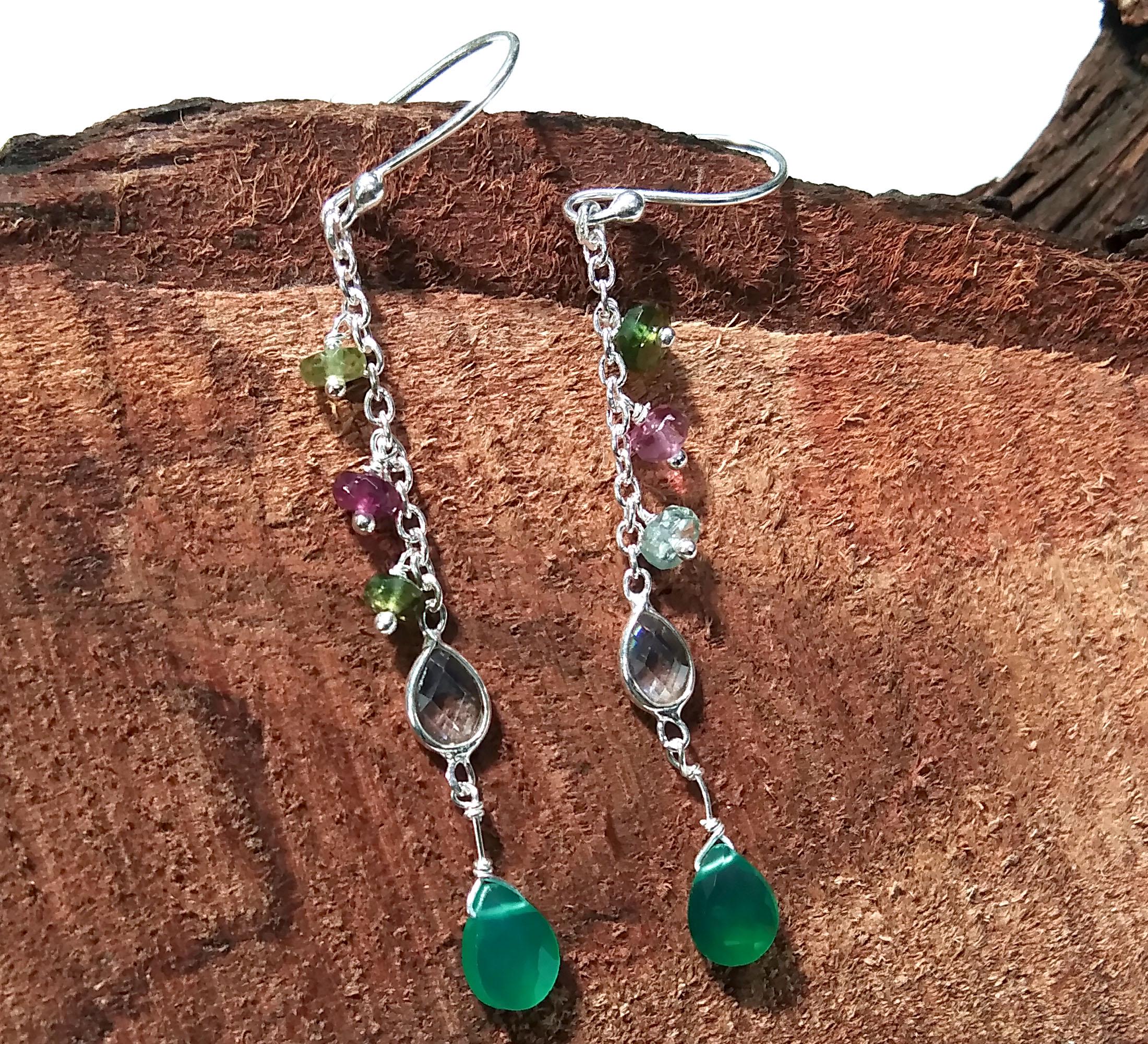 Natural Multi Tourmaline And Green Onyx Gemstone Earrings, 925 Sterling Silver Earring Handmade Making Jewelry Earring, For Girls & Women.