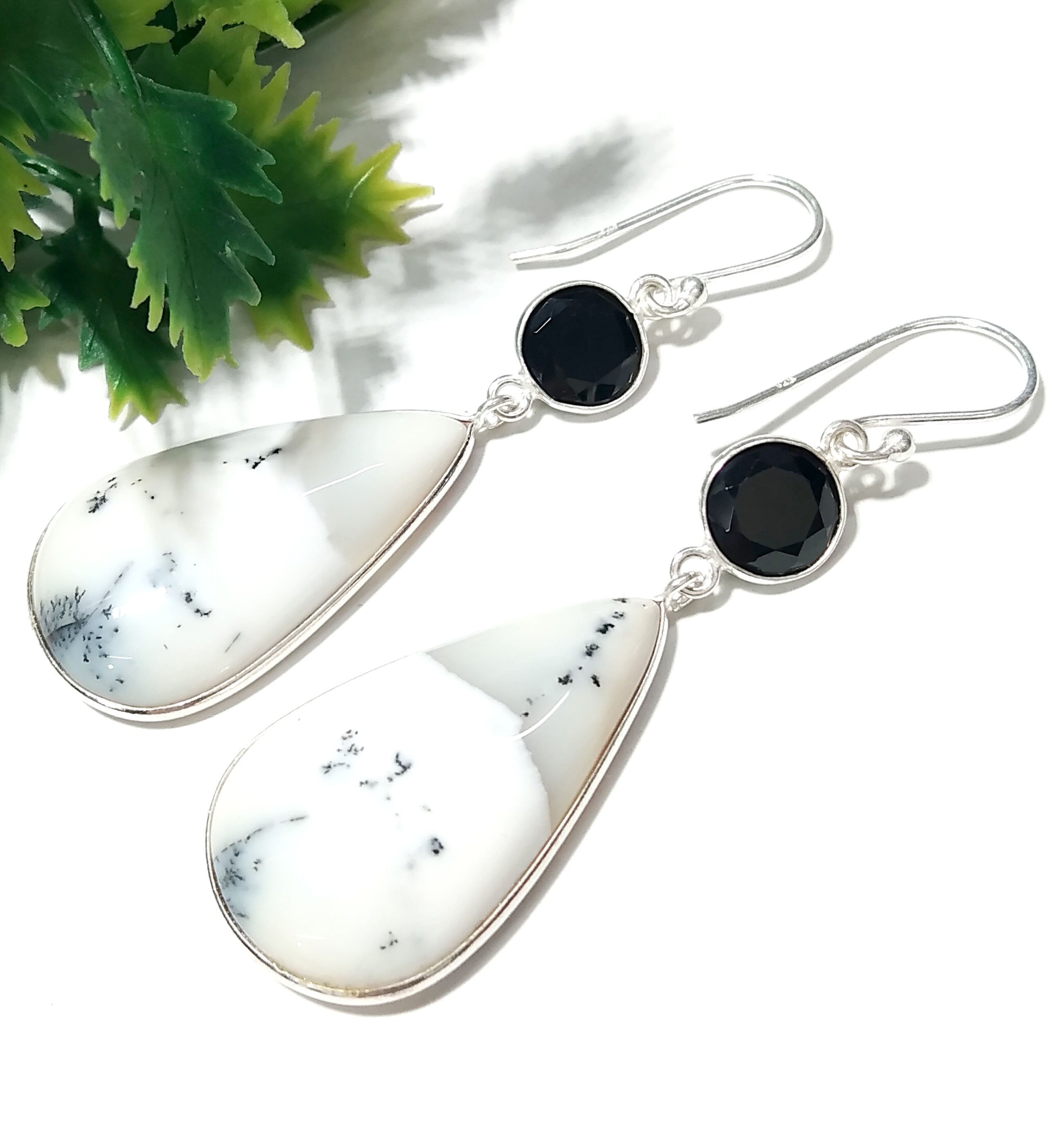 Natural Dendrite Opal,Black Spinel Gemstone Earring, 925 Solid Starling Silver Earring, Opal Stone Size 29x17 mm Gift Dangle Earring Jewelry
