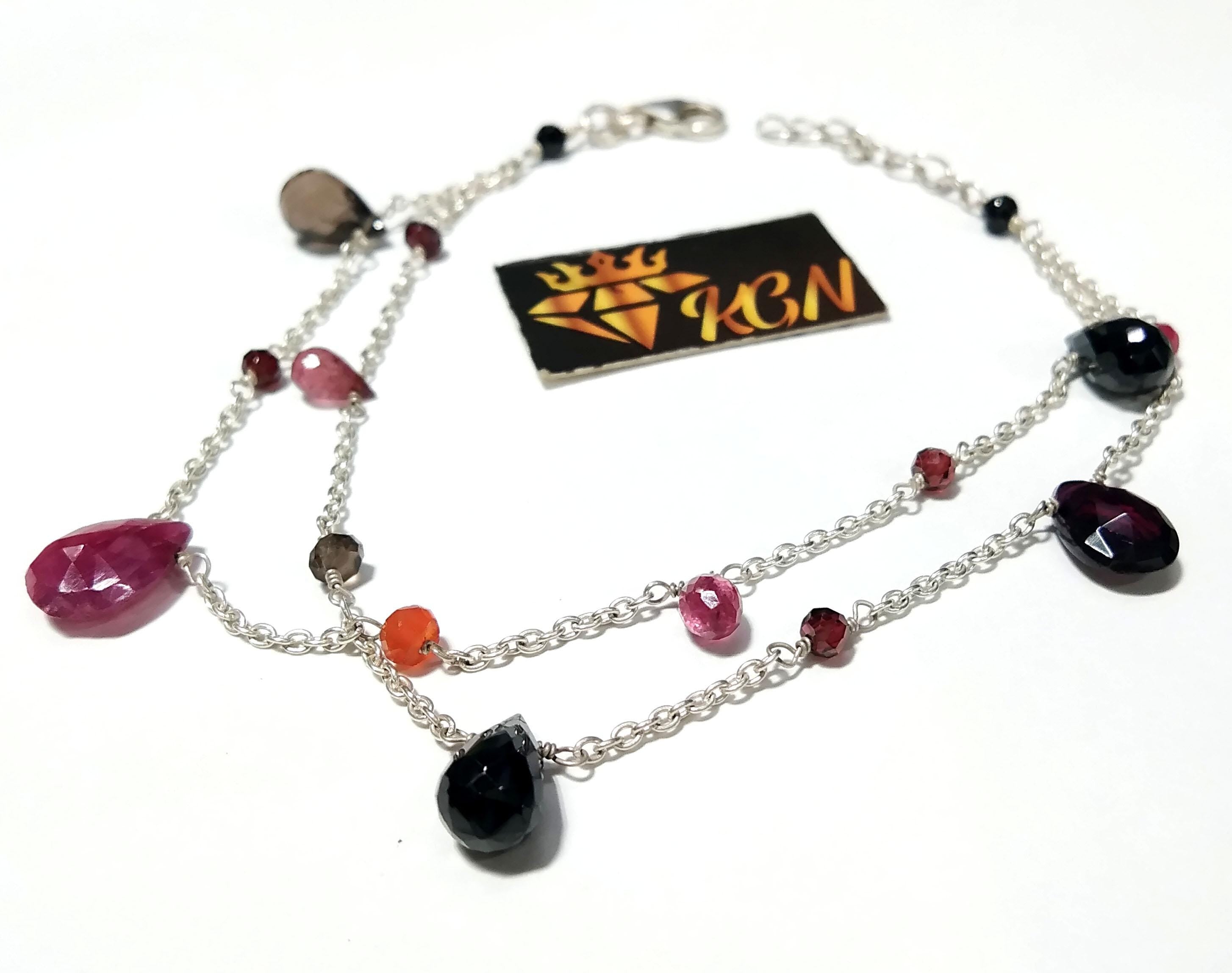 Red Ruby And Smoky Quartz Stone Bracelet, 925 Sterling Silver Bracelet, Natural Ruby,Smoky Adjustable Bracelet, 8 inches Gift Valentine day