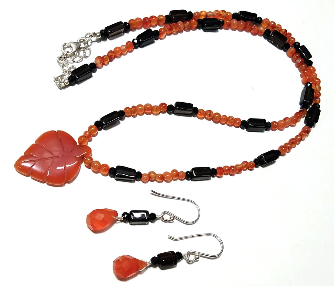 Natural Caroline /Black Onyx Beads Necklace Earring Jewelry Set, 925 Solid Sterling Silver Necklace Earring, Jewelry Gift For Girls & Women