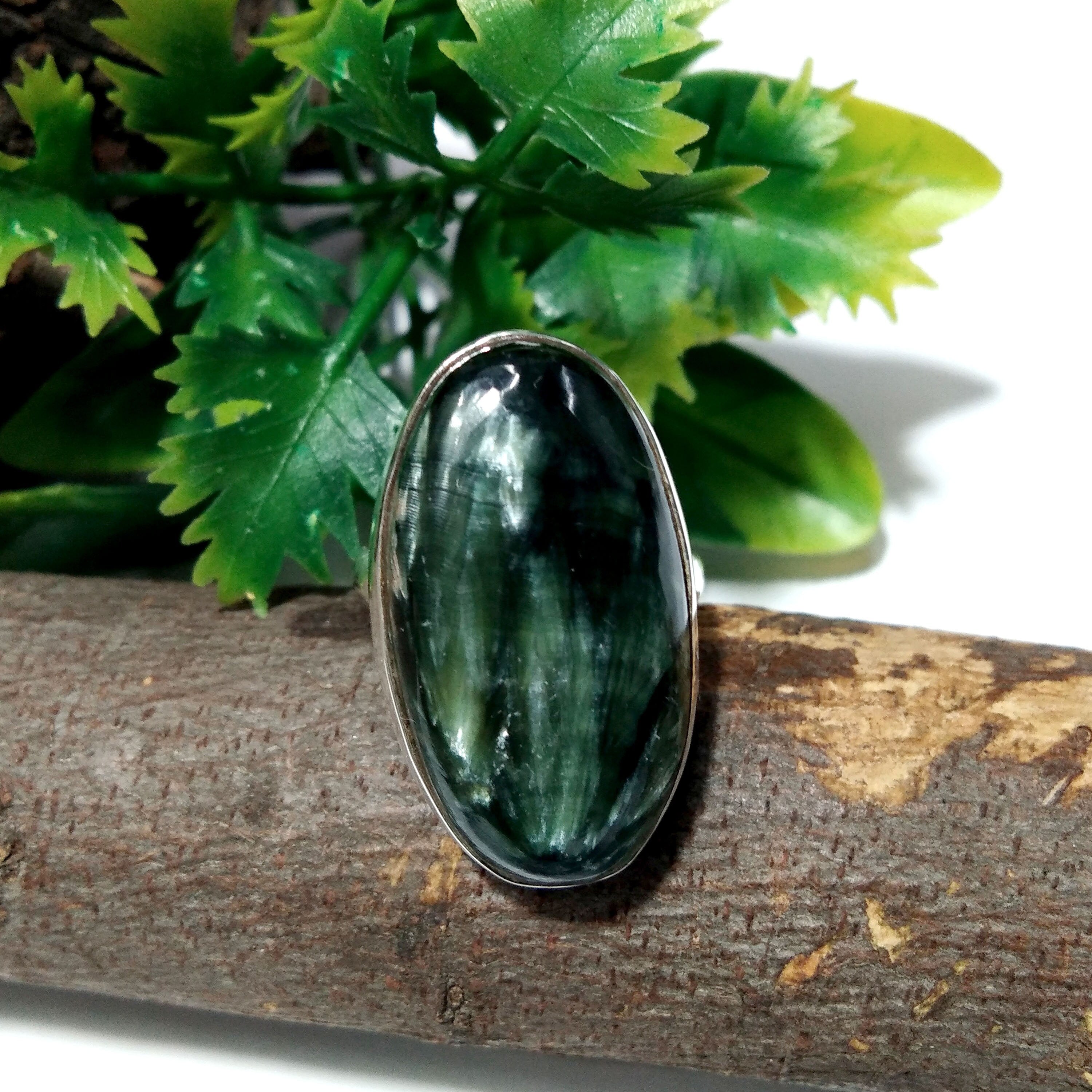 Natural Green Seraphinite Gemstone Ring, 925 Solid Sterling Silver Ring, Seraphinite Stone Size 27x15 mm Handmade Gift independence day Ring