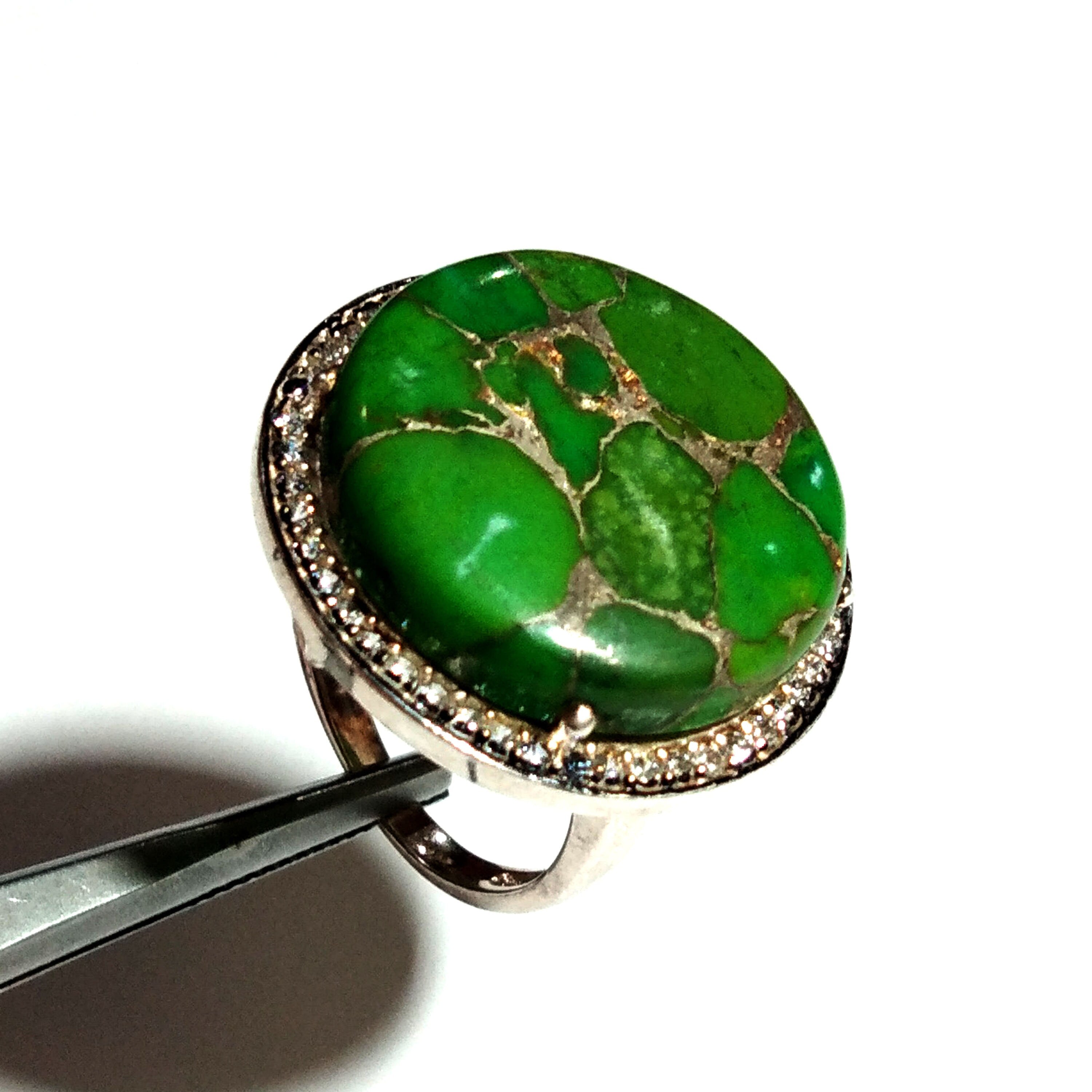 Green Copper Turquoise and Zircon Ring Stone, Solid 925 Starling Silver Ring, Turquoise and Zircon Ring, Jewelry Round Shape For Gift Ring