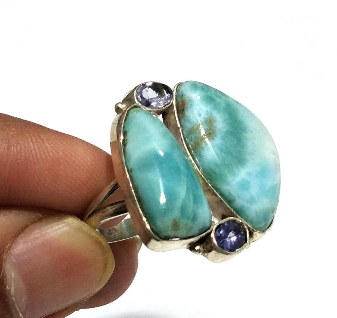 Natural Larimar, Tanzanite Gemstone Ring, 925 Solid Sterling Silver Ring, Stone Size 23x14mm to 19x9mm Handmade Ring, Gift Birthday Ring