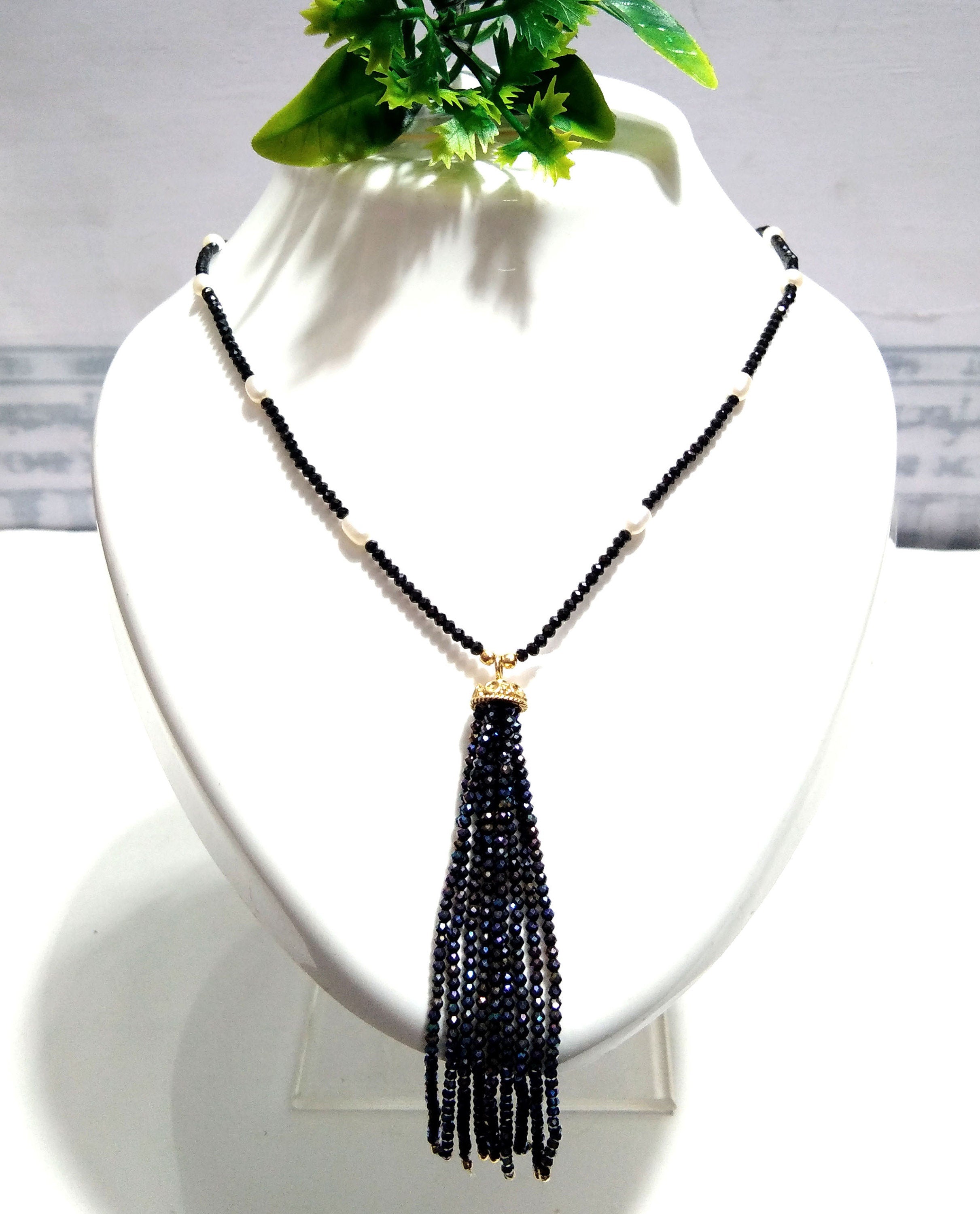 Natural Black Spinel And White Baroque Pearl Chain Necklace, 925 Starling Silver Gold Plated Chain Necklace 40''Inch Adjuster Chain Necklace