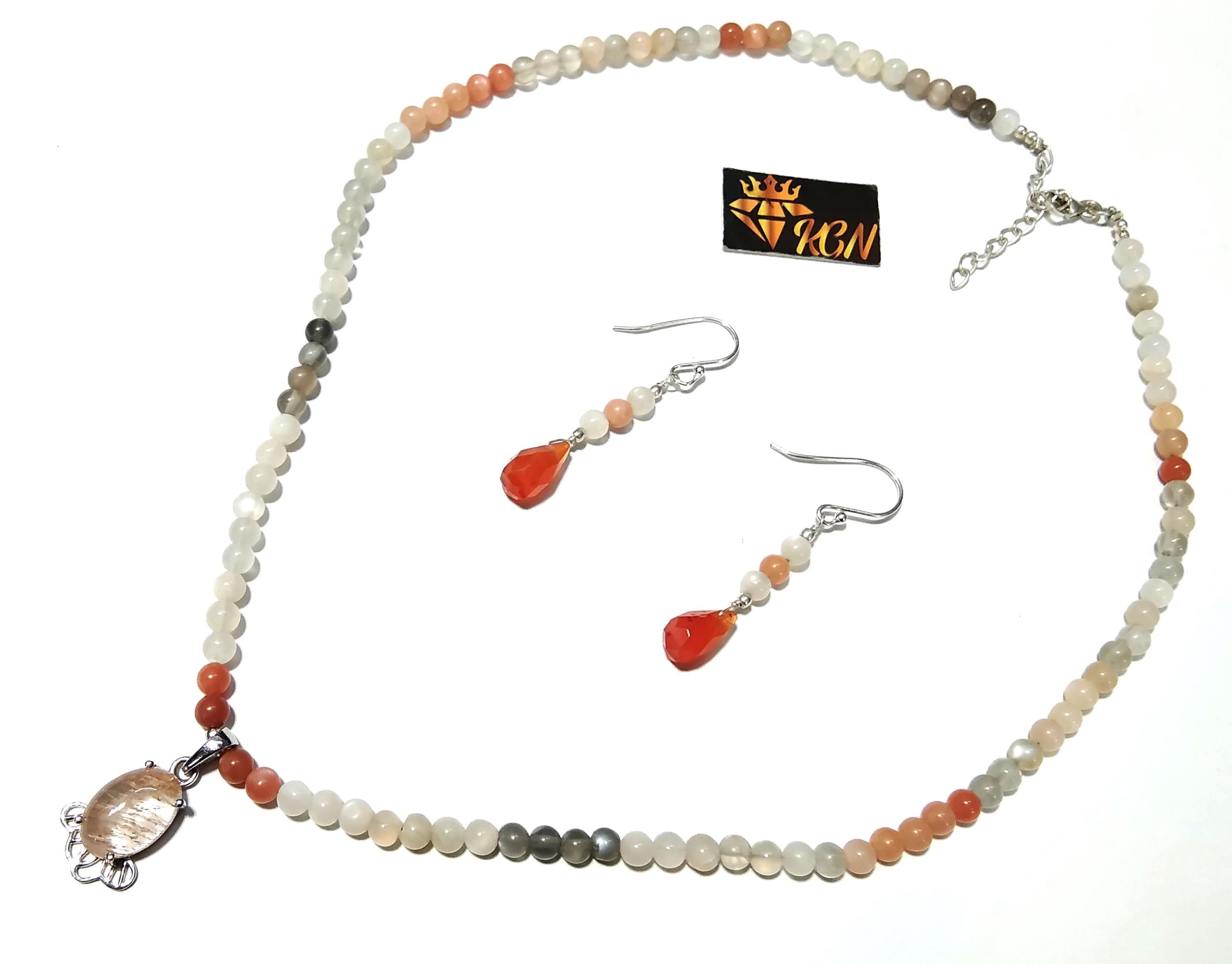 Natural Rutile Quartz/Peach Moonstone Beads Necklace Earring Jewelry Set, 925 Sterling Silver Necklace Beaded Necklace Statement Jewelry