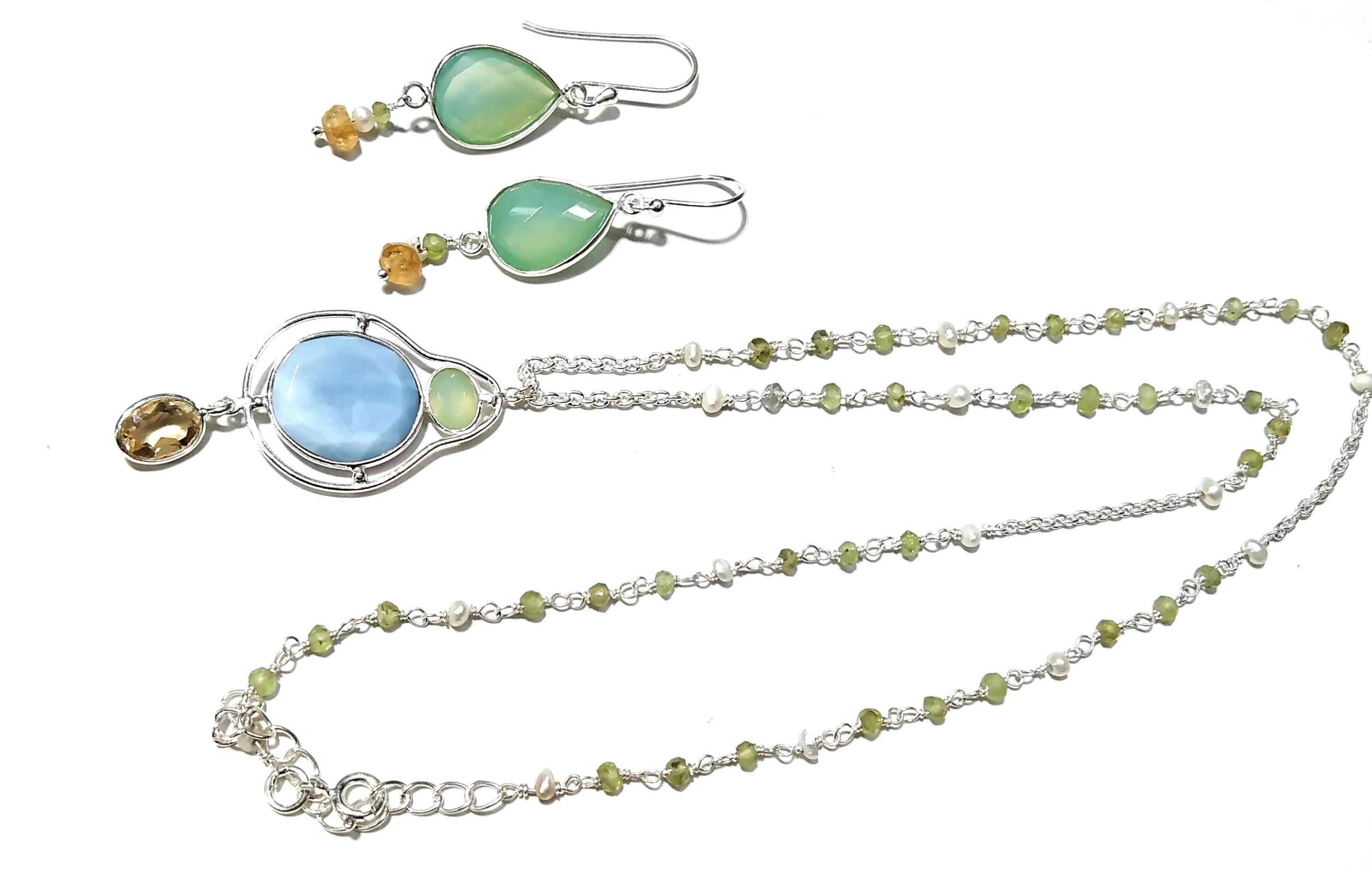 Natural Blue Opal,Chrysoprase,Citrine Gemstone Necklace Earring Jewelry Set, 925 Sterling Silver Necklace Earring Jewelry, Gift For Women.