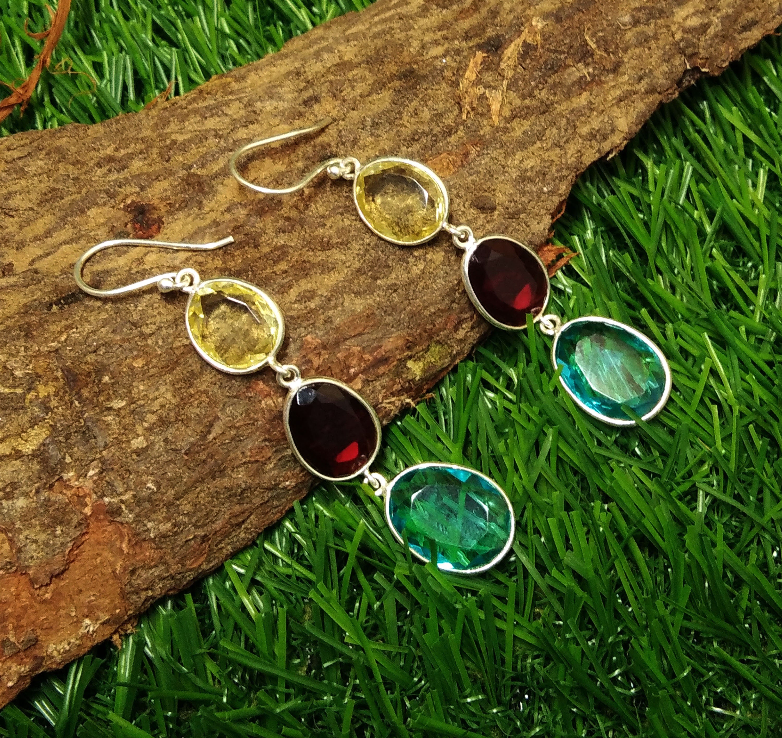 Natural Lemon Quartz/Topaz/Garnet Stone Earring, 925 Solid Starling Silver Earring, Mix Stone Fancy Shape Stone Size 15x12 mm to 12x10 mm