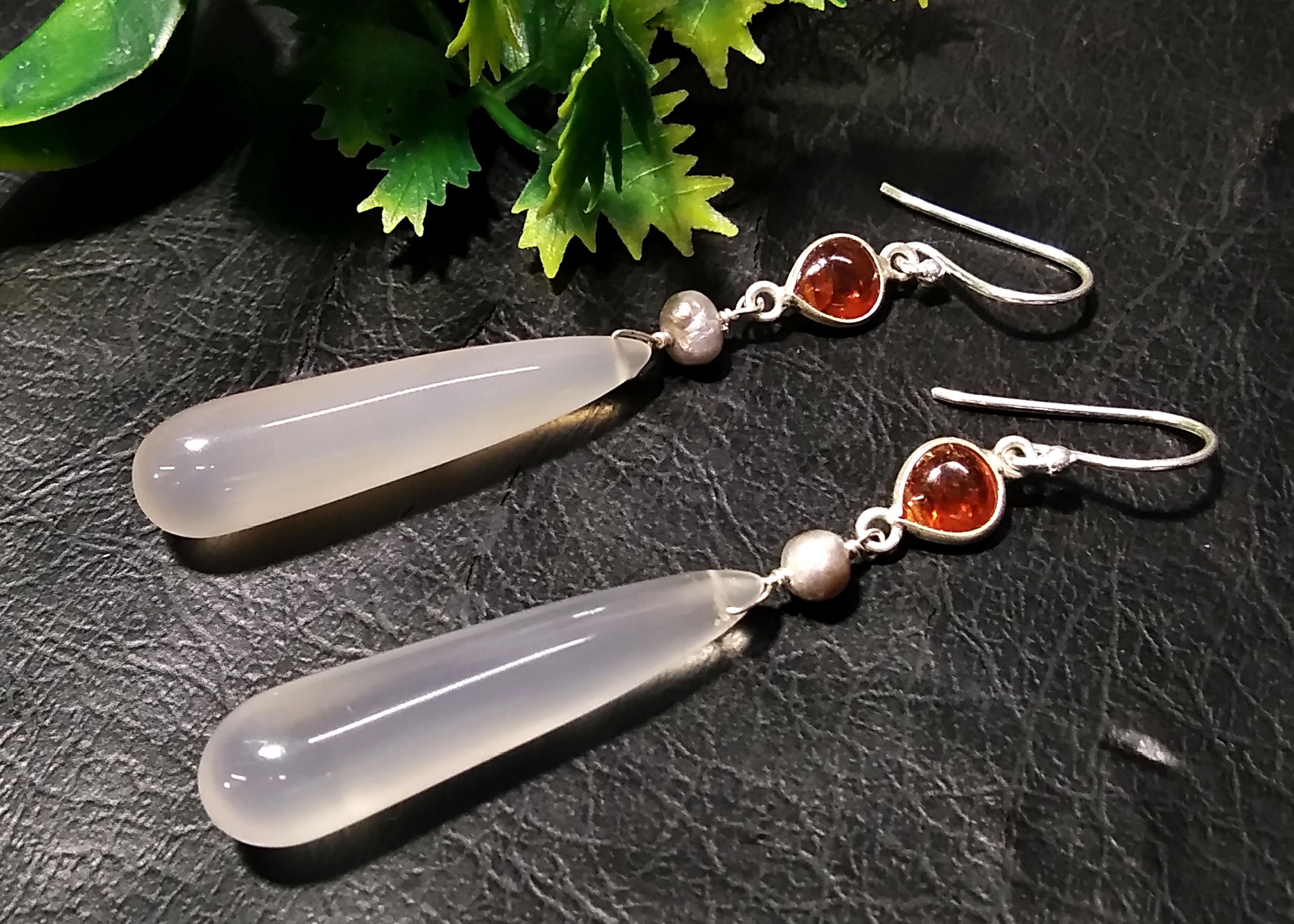 Natural Chalcedony/Yellow Garnet & Pearl Gemstone Earring 925 Starling Silver Earring Handmade Silver Jewelry Stone Earring Gift Birthday