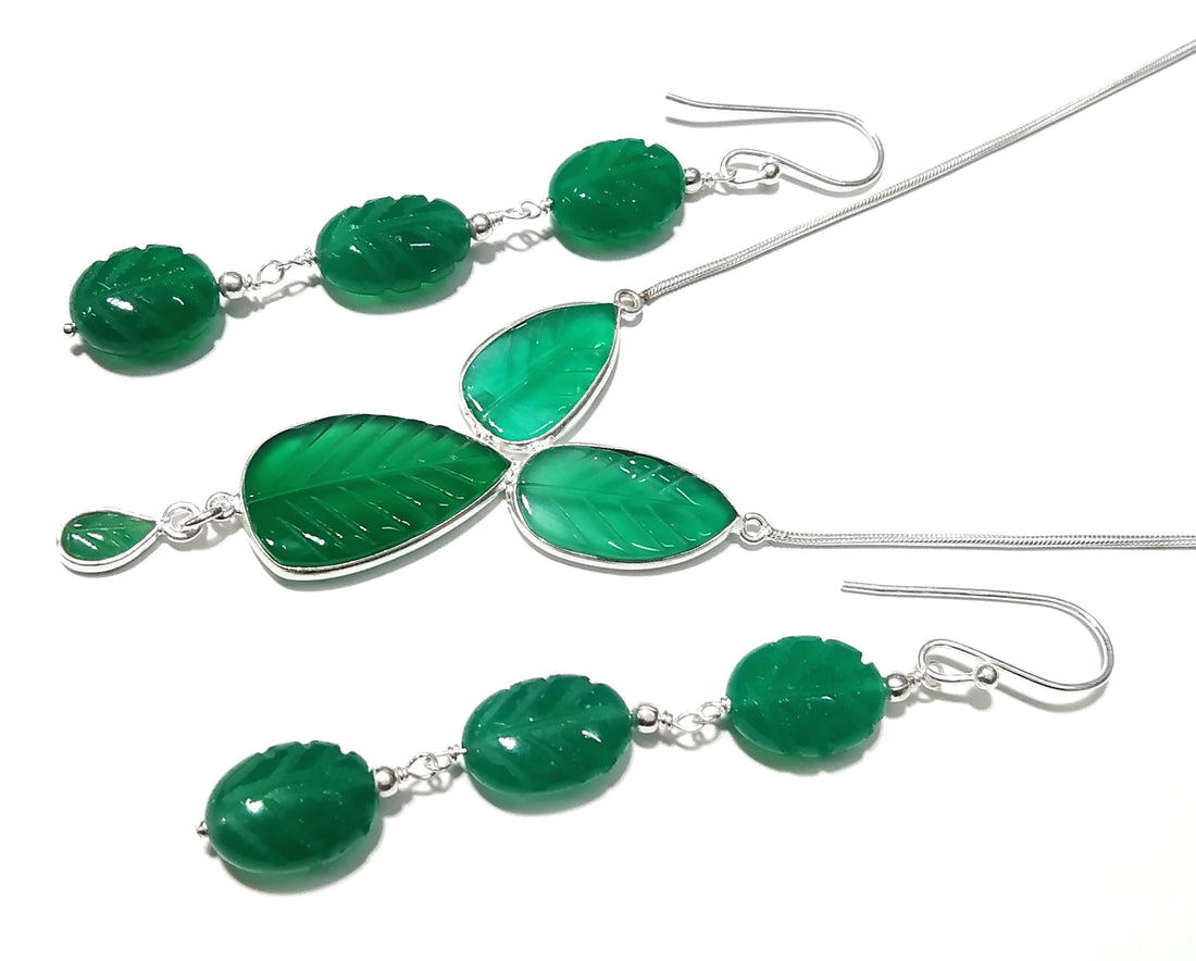 Natural Green Onyx Carved Gemstone Necklace & Earring Jewelry Set, 925 Starling Silver Necklace, Beautiful Onyx Carved Stone Gift For Her