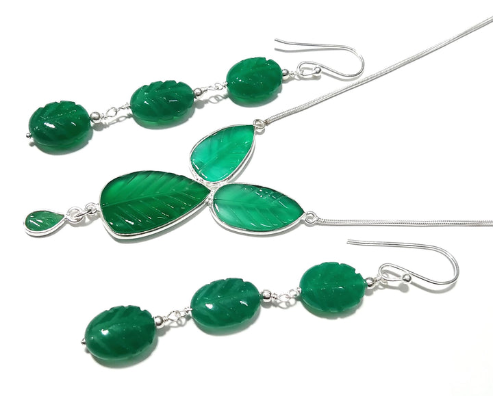 Natural Green Onyx Carved Gemstone Necklace & Earring Jewelry Set, 925 Starling Silver Necklace, Beautiful Onyx Carved Stone Gift For Her
