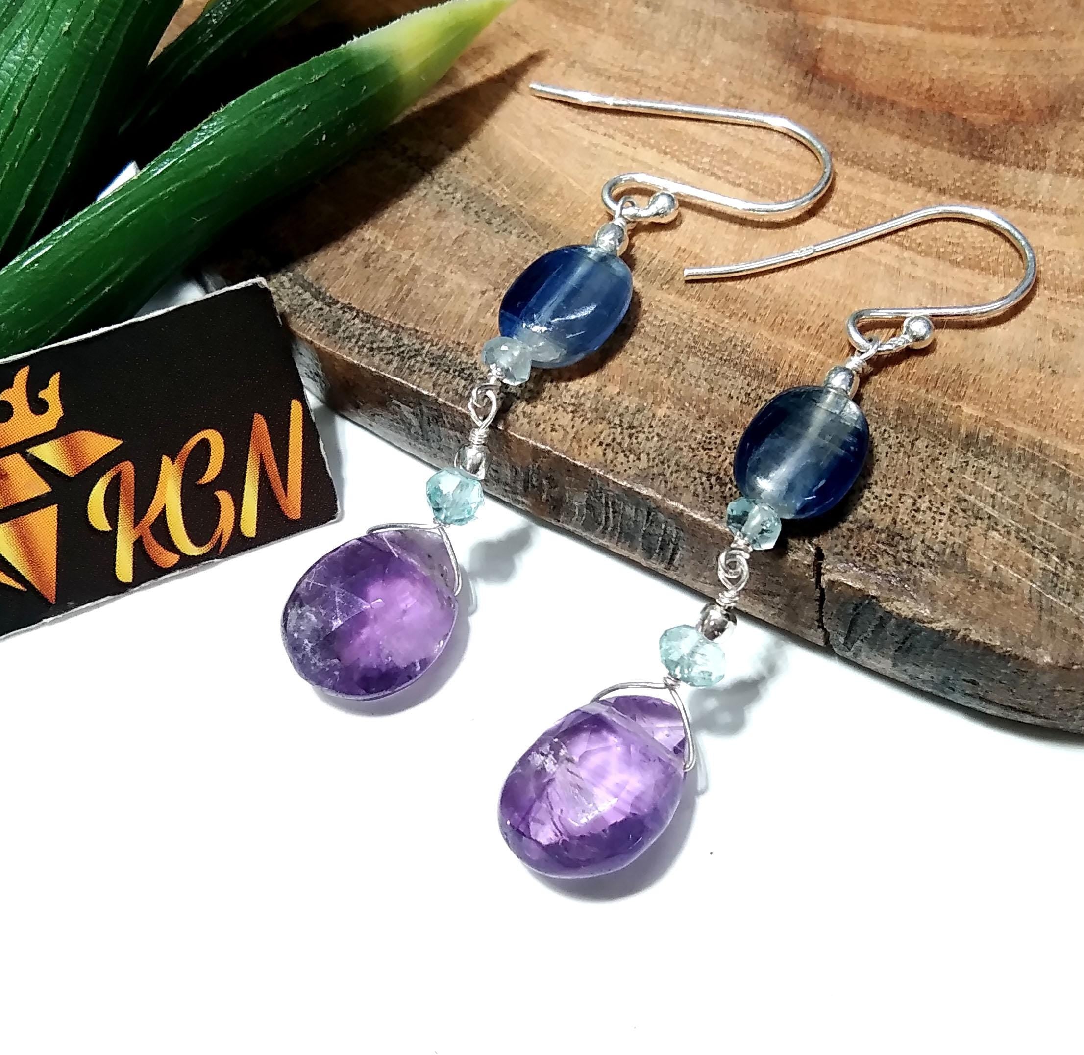 Natural Kyanite/Amethyst Earrings, 925 Solid Starling Silver Earring, Amethyst Stone Handmade Earring, Gift Women Bridesmaid Earring Stone
