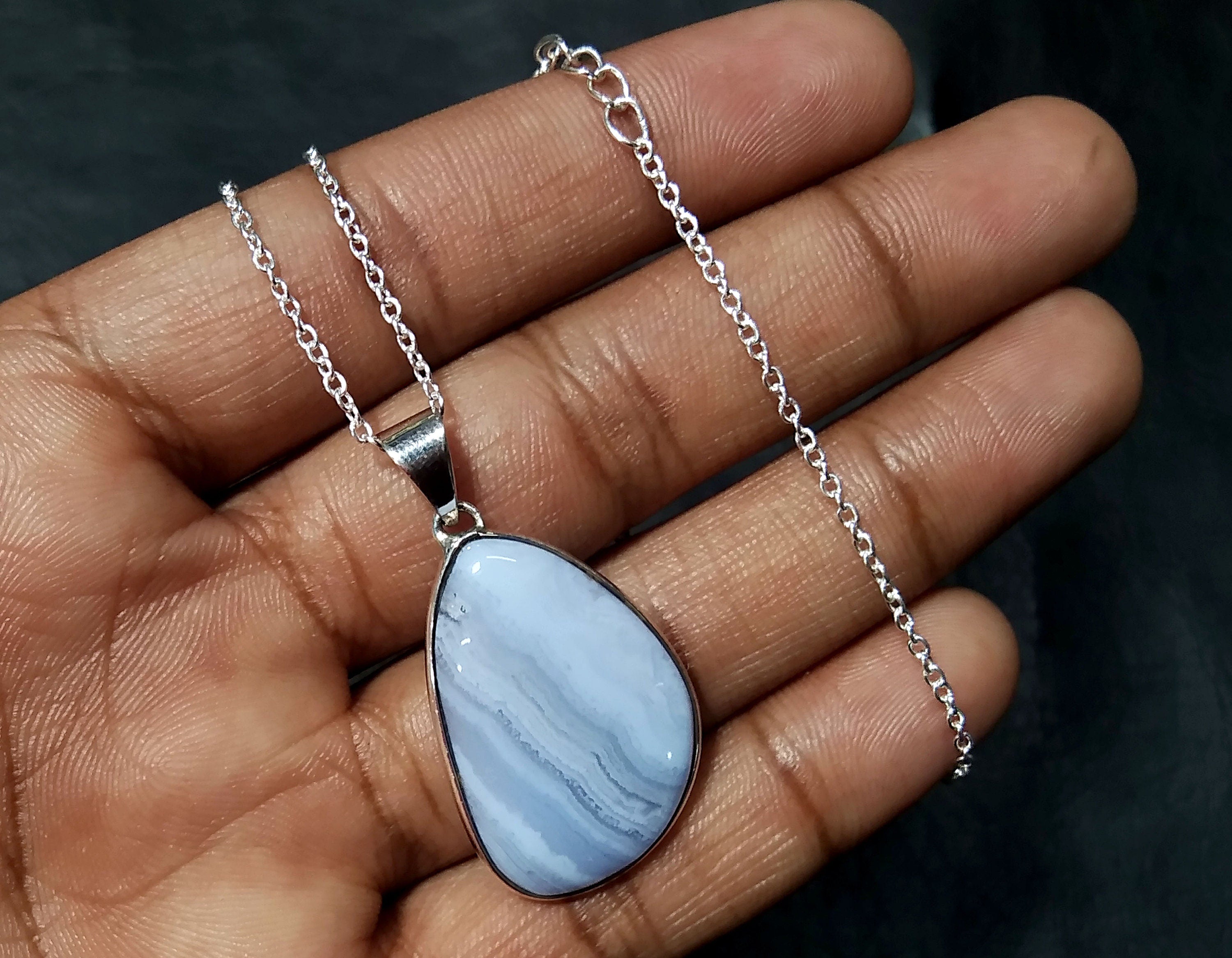 Blue Lace Agate Gemstone Pendant, Solid 925 Sterling Silver Handmade Jewelry, Blue Lace Agate Pendant Chain Necklace, Gift For Girls & Women