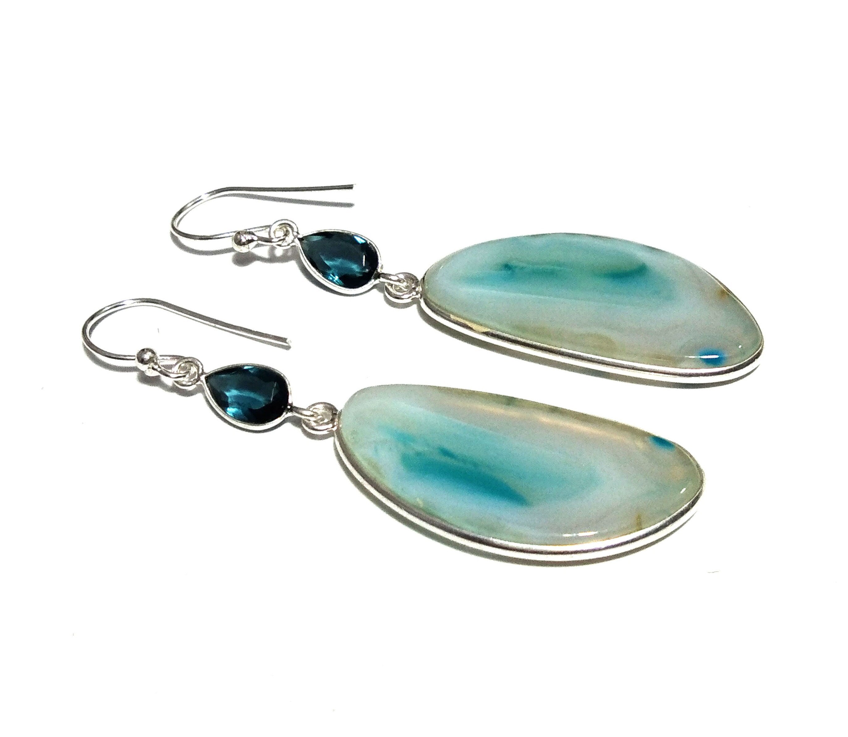 Natural Sky Blue Banded Agate/Topaz Gemstone Earring, 925 Solid Starling Silver Earring, Stone Size 32x15mm For Gift Wedding Earring Jewelry