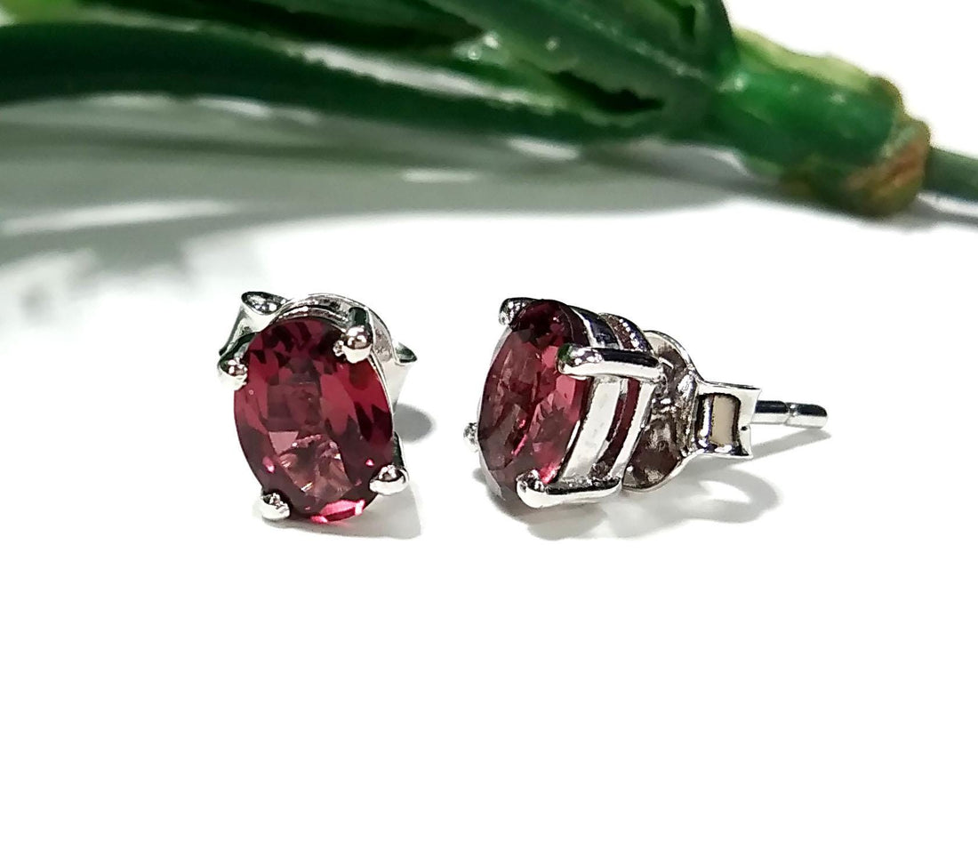 Natural Garnet Stud Earrings, 925 Starling Silver Earring Jewelry, Red Garnet Gemstone Oval Shape Stone Size 7x5 mm Christmas Gift For Her