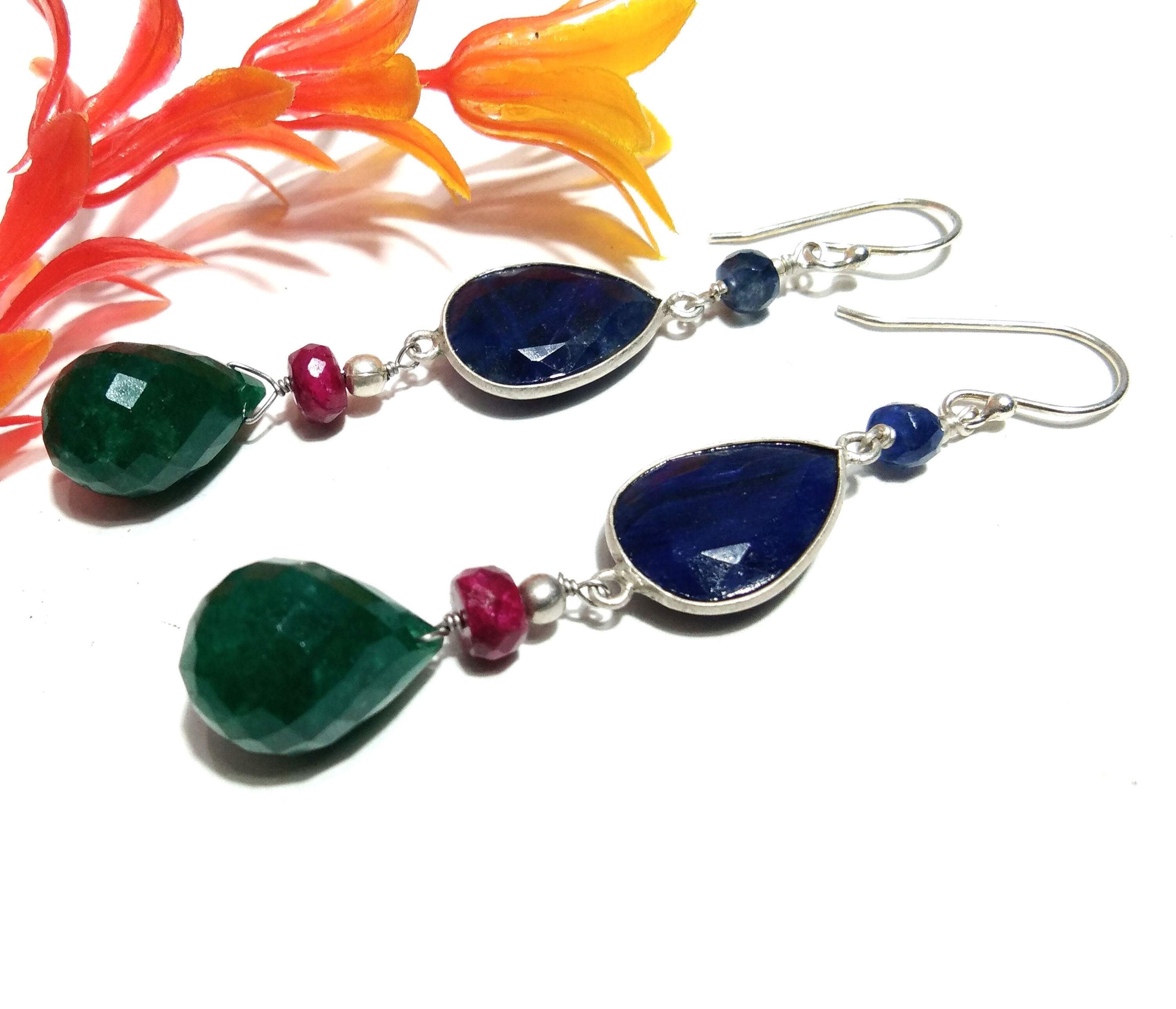Natural Blue Sapphire, Green Jade Earring, 925 Solid Starling Silver Earring, Blue Sapphire Stone Handmade Gift Women Christmas Earring