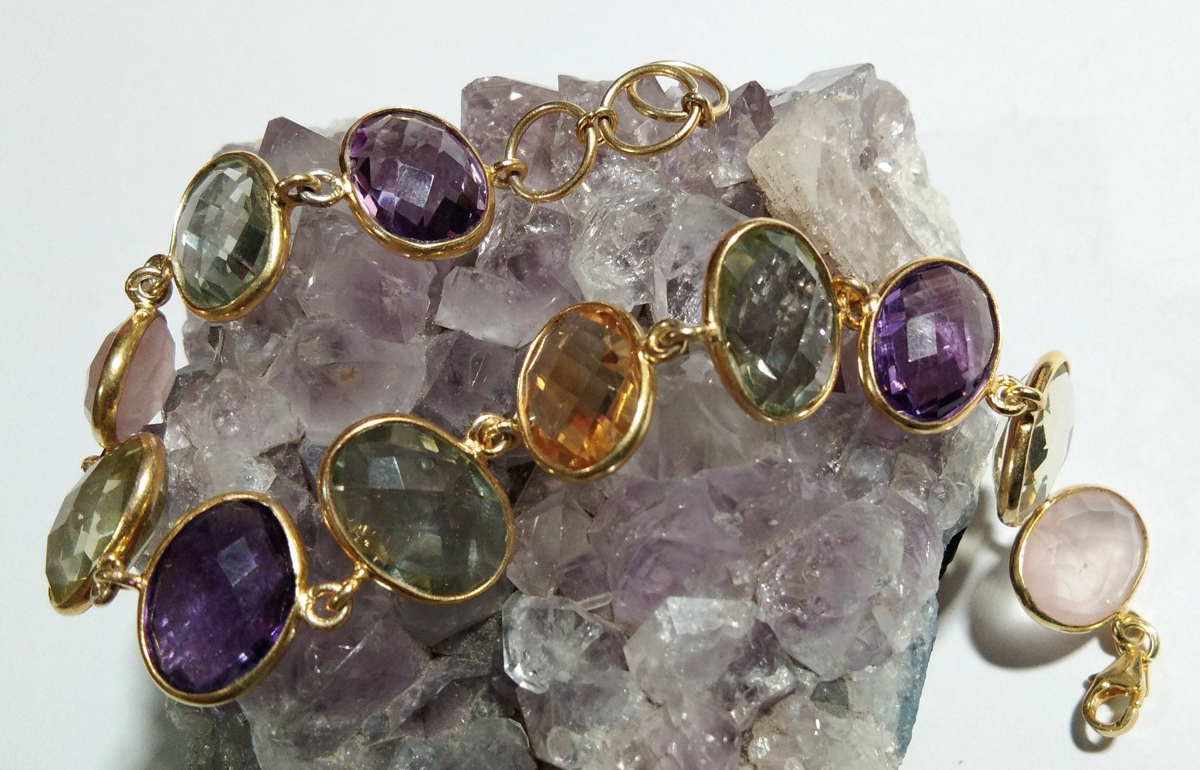 Green Amethyst,Amethyst,Citrine & Rose Quartz Bracelet, 925 Sterling Silver Jewelry, Good Quality Gemstone Bracelet, For Girls/Women Gift