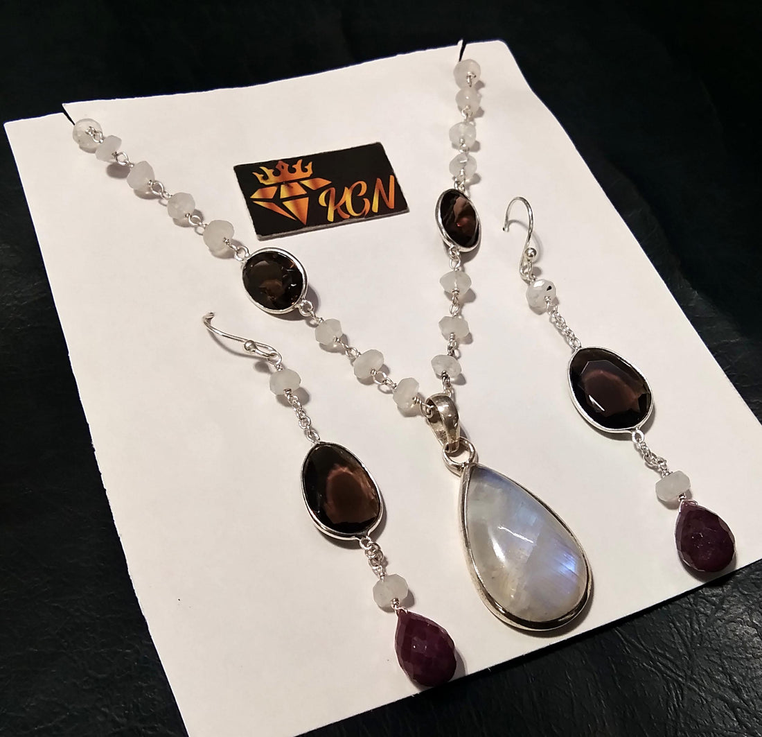 Rainbow Moonstone & Smoky Quartz Necklace Earring Jewelry Set, 925 Sterling Silver Necklace Amazing Quality Rainbow Moonstone Gift For Women