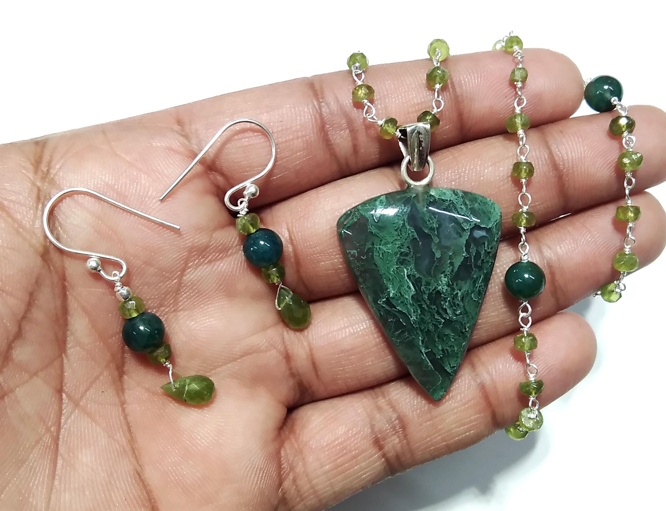 Natural Green Moss Agate Gemstone Necklace Earring Jewelry Set, 925 Sterling Silver Necklace Jewelry, Necklace Set For Women