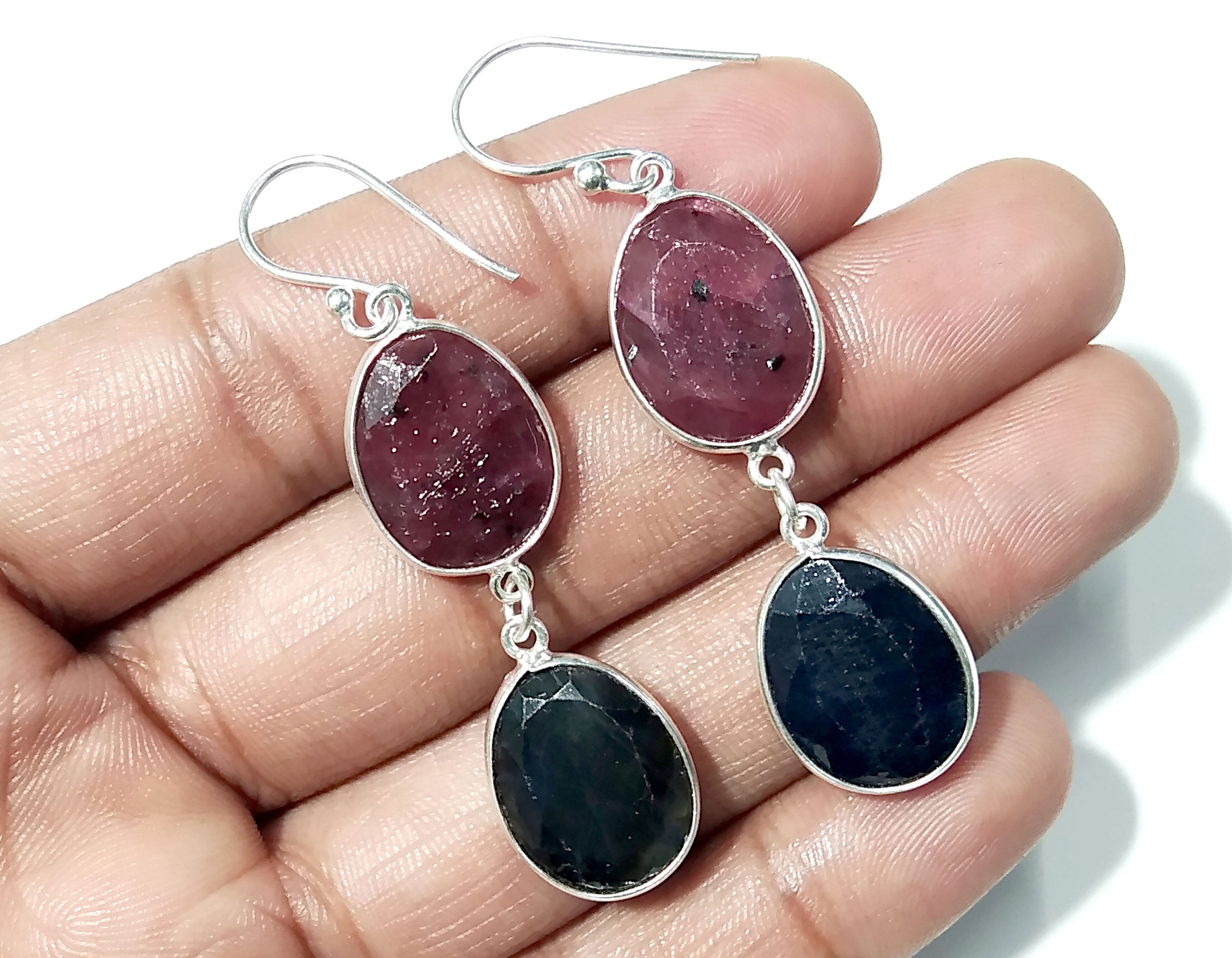 Natural Red Ruby/Blue Sapphire Gemstone Earring, 925 Solid Starling Silver Earring Gemstone, Gift For Wedding Earring, Birthstone Earring