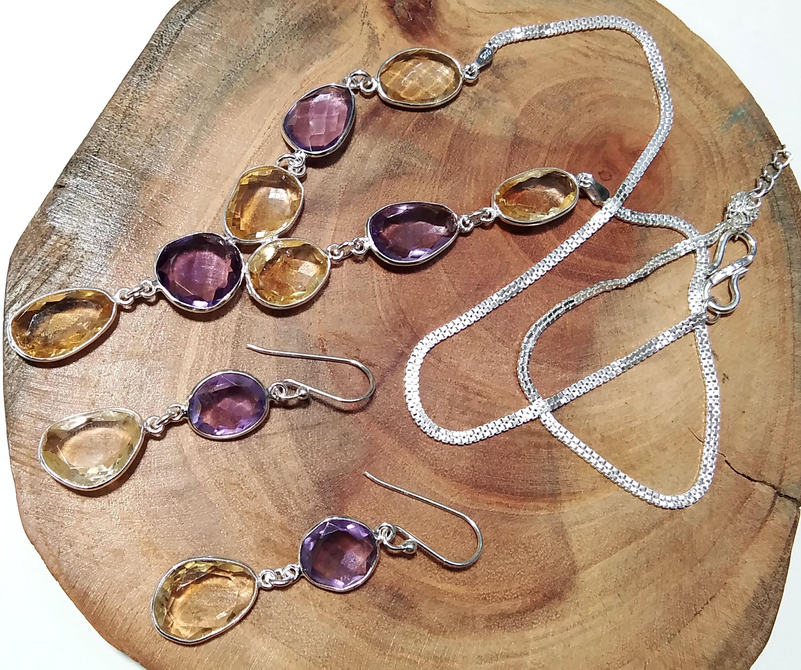 Natural Amethyst/Citrine Necklace Earring Jewelry Set, 925 Solid Sterling Silver Chain Necklace Earring Jewelry Gift For Girls & Women