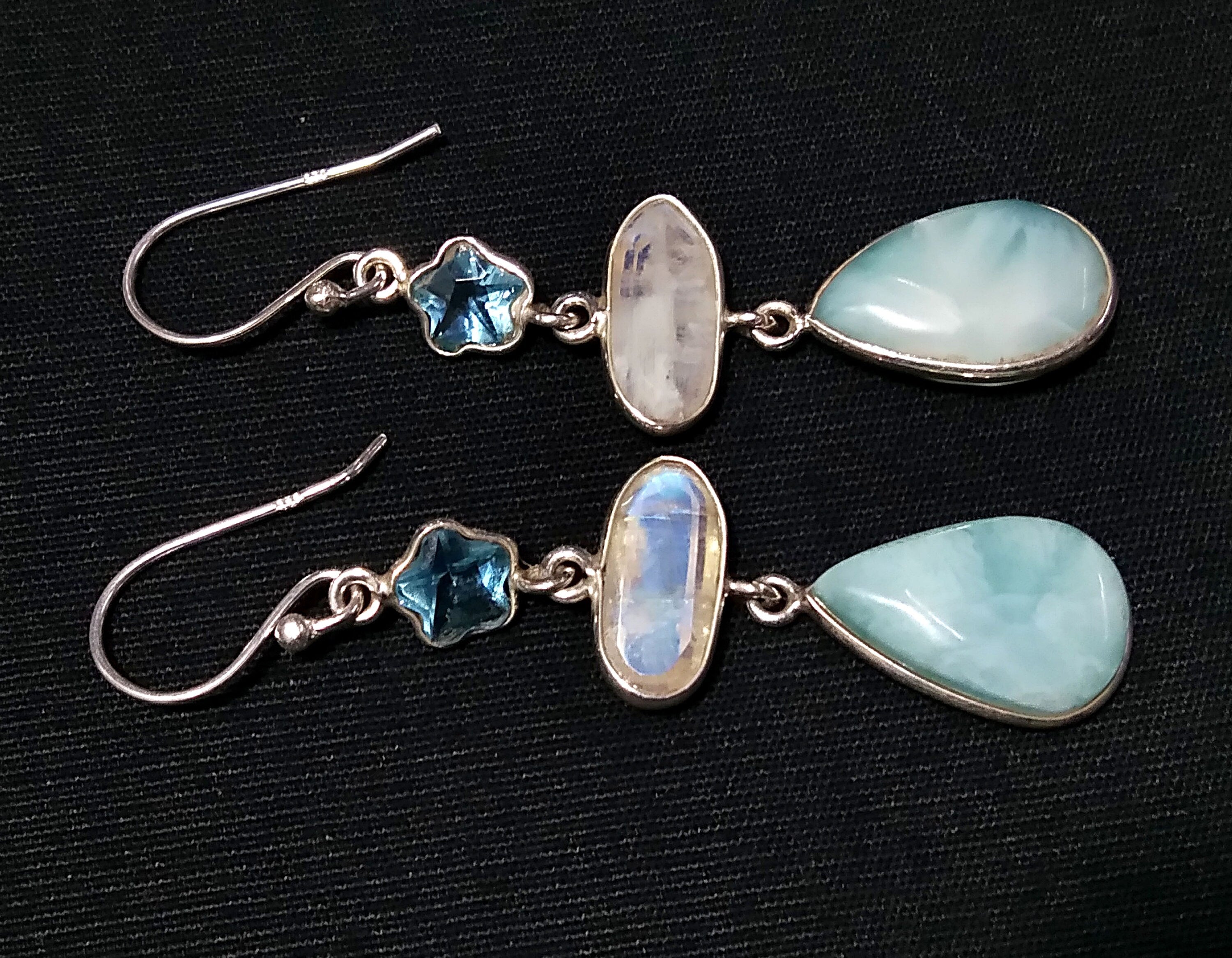 Natural Larimar,Rainbow Moonstone,Blue Topaz Stone Drop Earring, 925 Starling Silver Earring, Larimar Gemstone Wedding Earring, For Woman