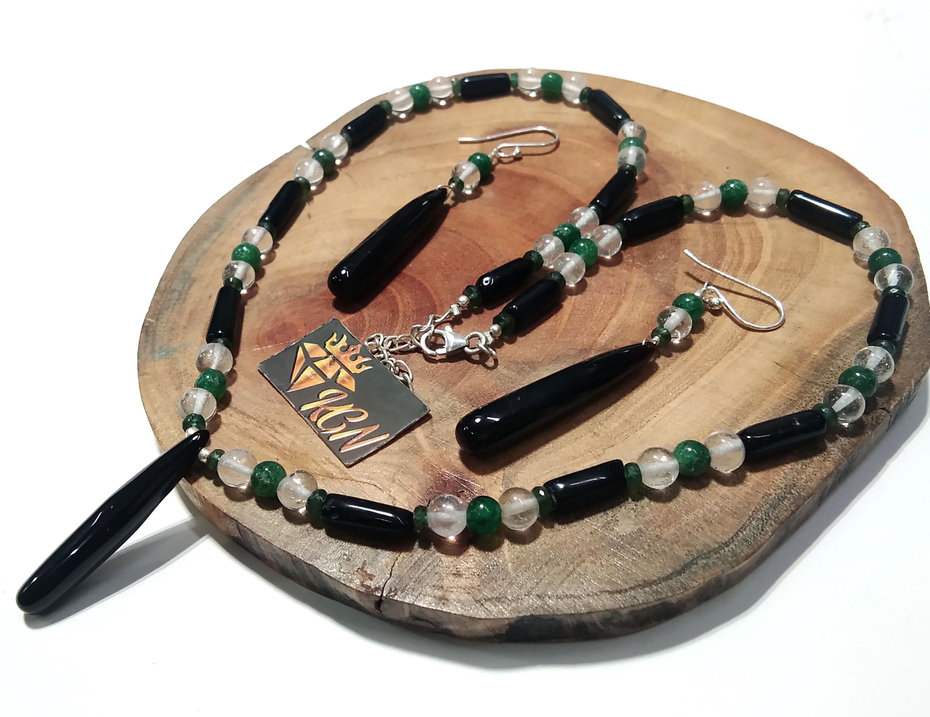 Natural Black Onyx/Crystal Beads Necklace Earring Set Jewelry, 925 Sterling Silver Necklace, Gemstone Necklace, Statement For Gift Jewelry