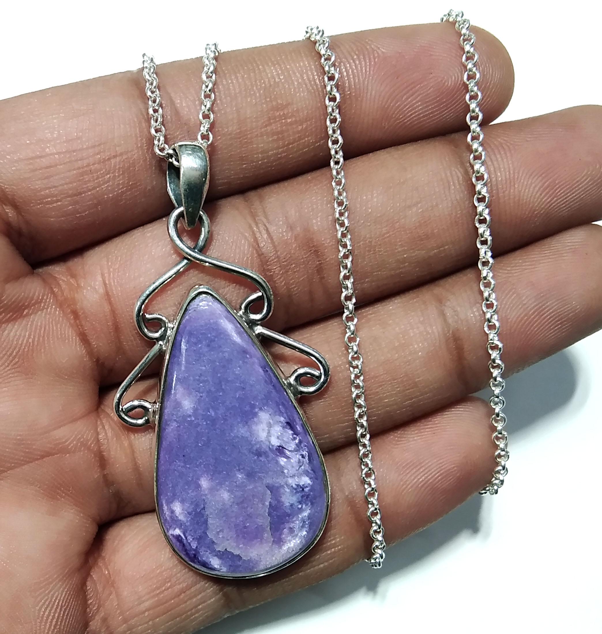 Charoite Gemstone Pendant, Solid 925 Sterling Silver Chain Pendant, Good Purple Color Charoite Handmade Pendant, Gift Birthstone Pendant