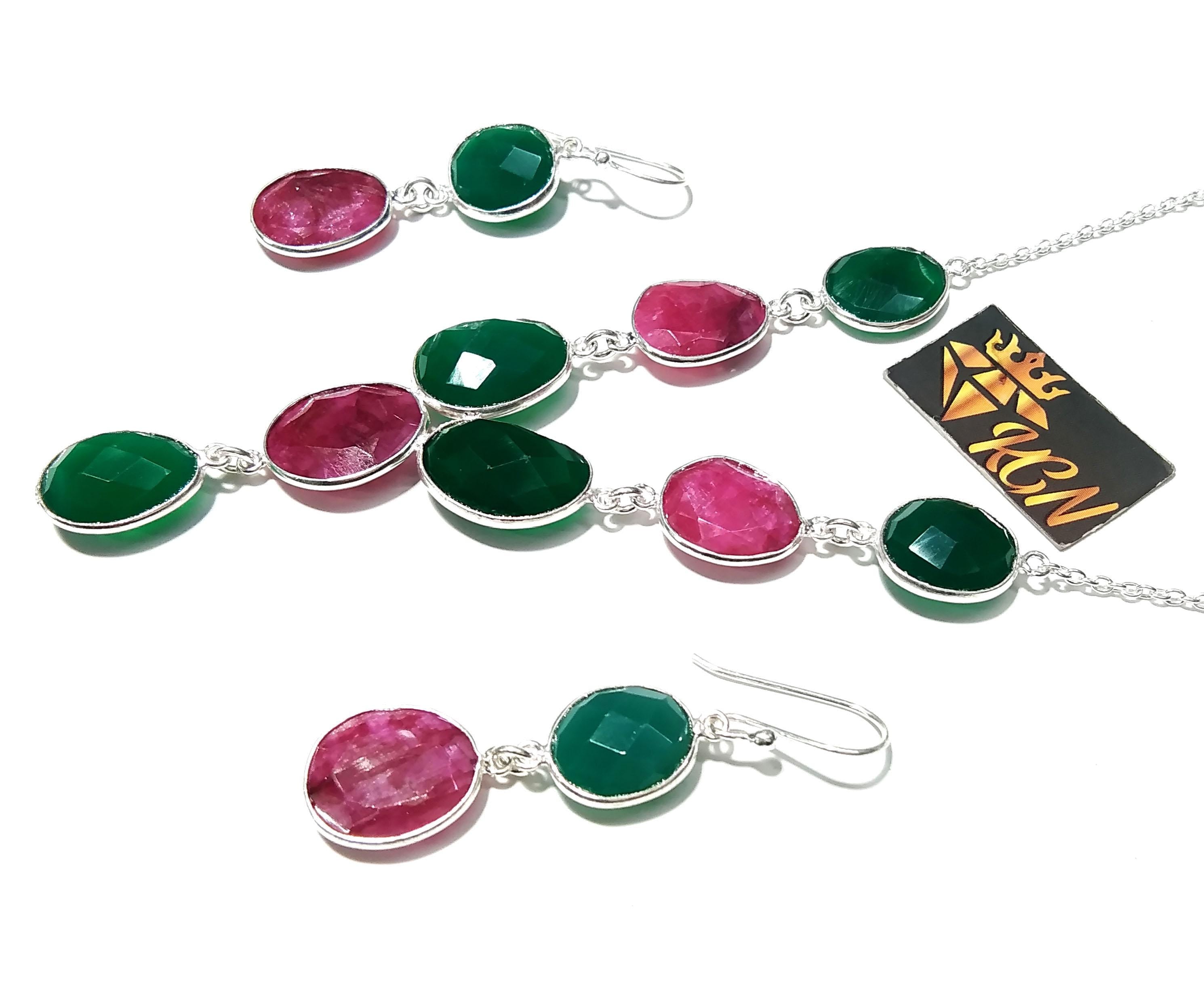 Natural Green Onyx & Red Ruby Necklace and Earring Jewelry Set, 925 Sterling Silver Necklace Earring Jewelry, Gift For Women Birthstone