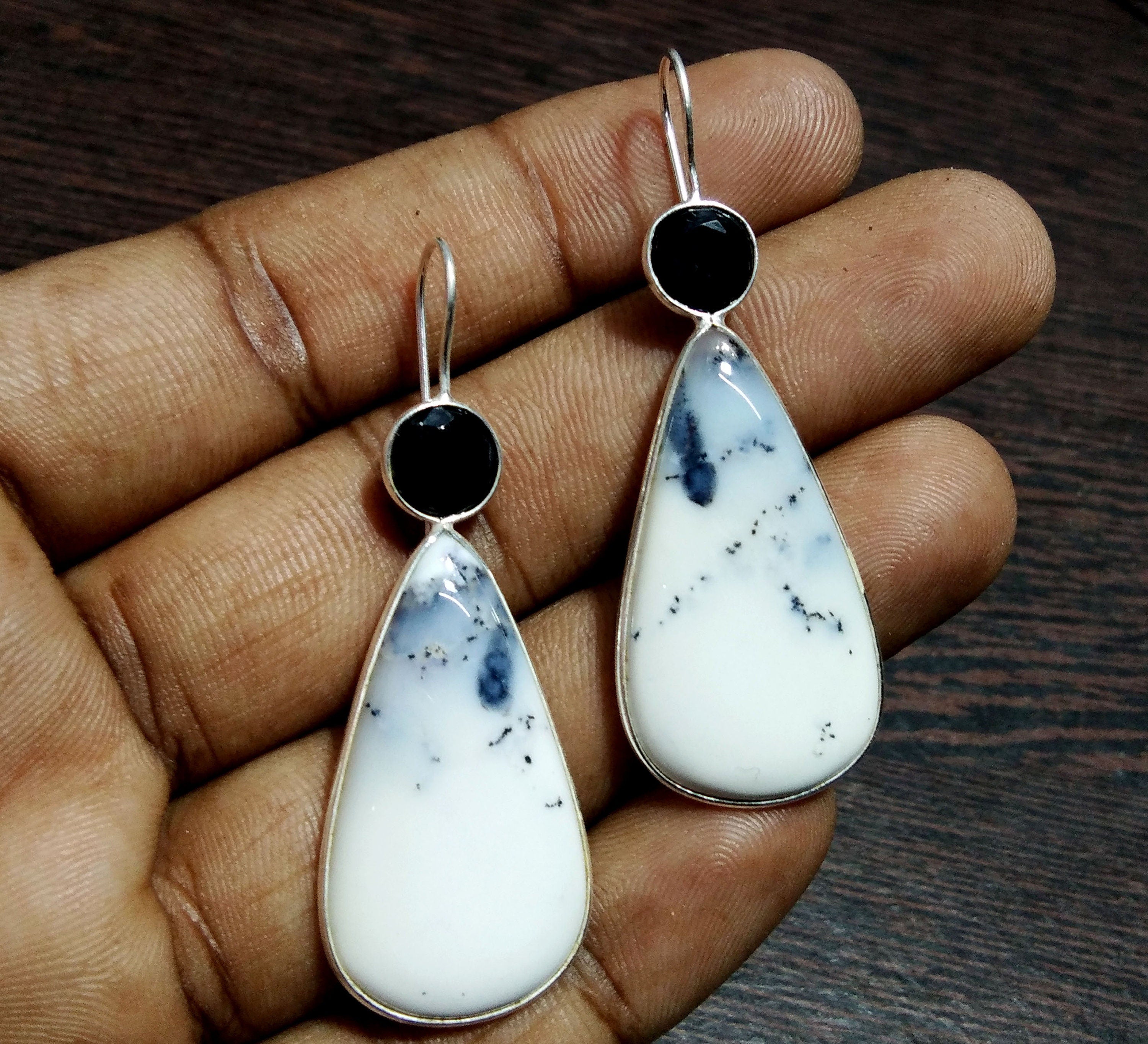 Natural Dendrite Opal/Black Spinel Gemstone Earring, 925 Starling Silver Earring, Handmade Silver Earring, Opal Stone Gift Birthday Earring
