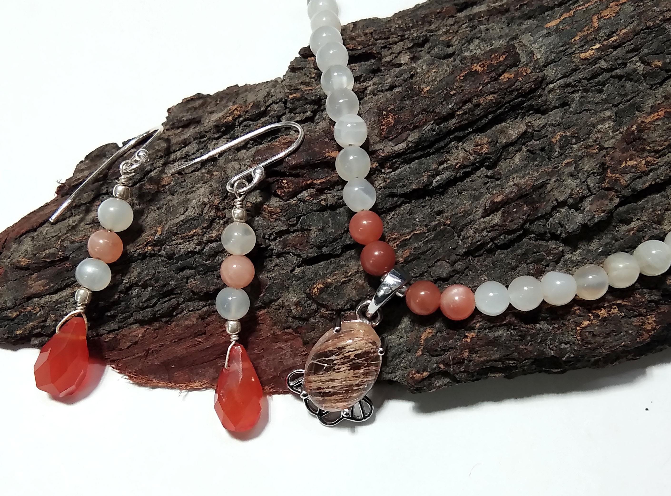 Natural Rutile Quartz/Peach Moonstone Beads Necklace Earring Jewelry Set, 925 Sterling Silver Necklace Beaded Necklace Statement Jewelry
