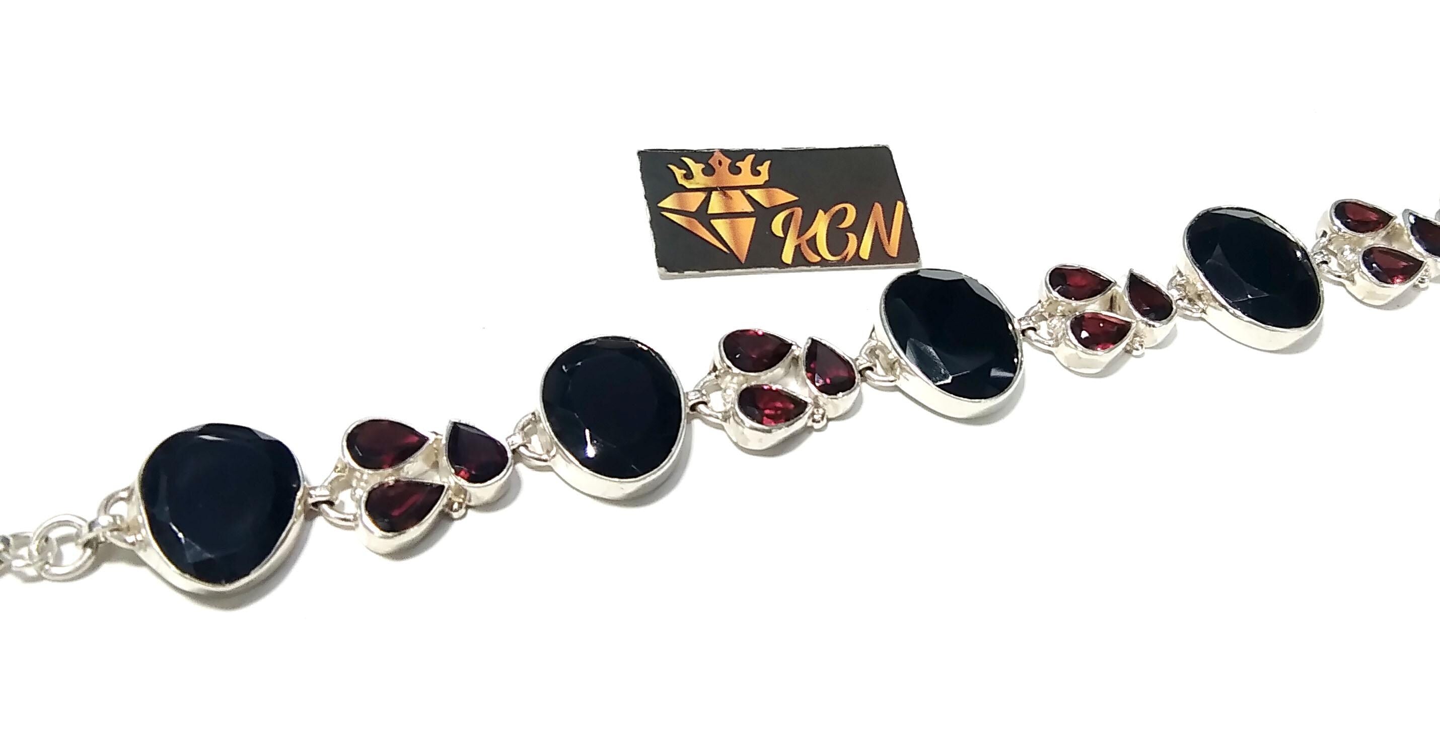 Natural Black Onyx, Garnet Gemstone Bracelet, Solid 925 Starling Silver Bracelet, 8 inches Gift Valentine day Bracelet, Handmade Jewelry