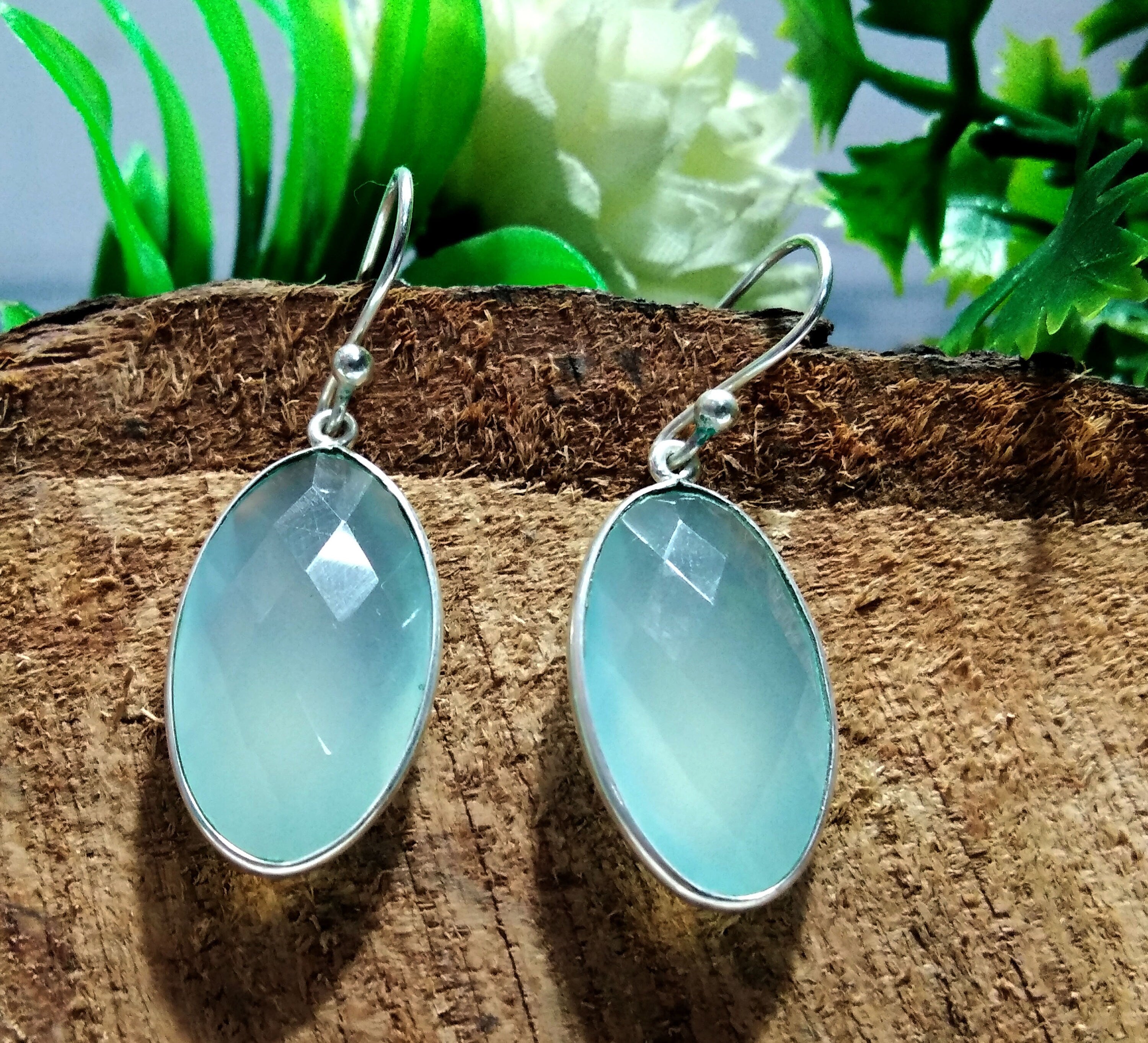 Natural Aqua Chalcedony Stone Earring, 925 Solid Starling Silver Earring, Chalcedony Oval Shape Stone Size 22x12 mm Gift Labor day Earring