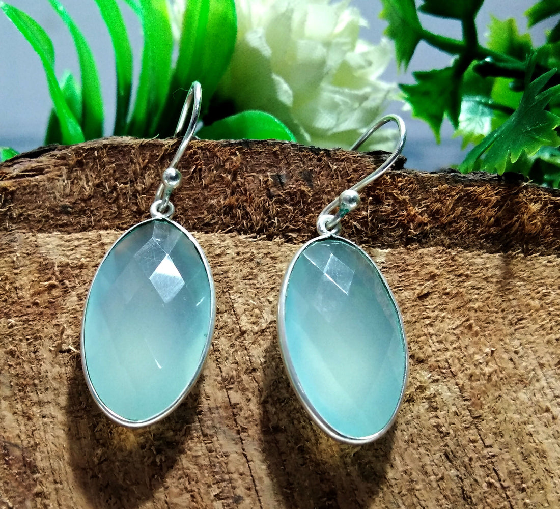 Natural Aqua Chalcedony Stone Earring, 925 Solid Starling Silver Earring, Chalcedony Oval Shape Stone Size 22x12 mm Gift Labor day Earring
