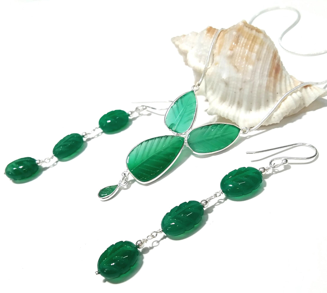 Natural Green Onyx Carved Gemstone Necklace & Earring Jewelry Set, 925 Starling Silver Necklace, Beautiful Onyx Carved Stone Gift For Her