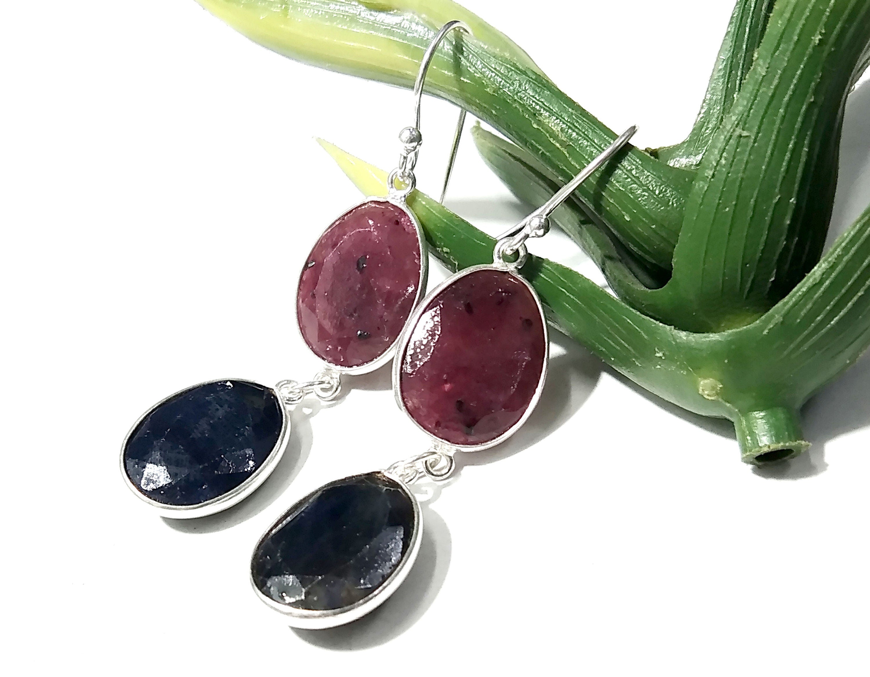 Natural Red Ruby/Blue Sapphire Gemstone Earring, 925 Solid Starling Silver Earring Gemstone, Gift For Wedding Earring, Birthstone Earring