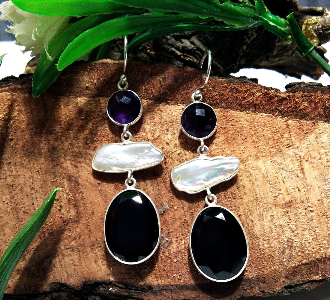 Natural Fresh Water Baroque Pearl/Black Onyx/Amethyst Drop Earring, 925 Solid Starling Silver Earring, White Pearl Gemstone Gift Earring
