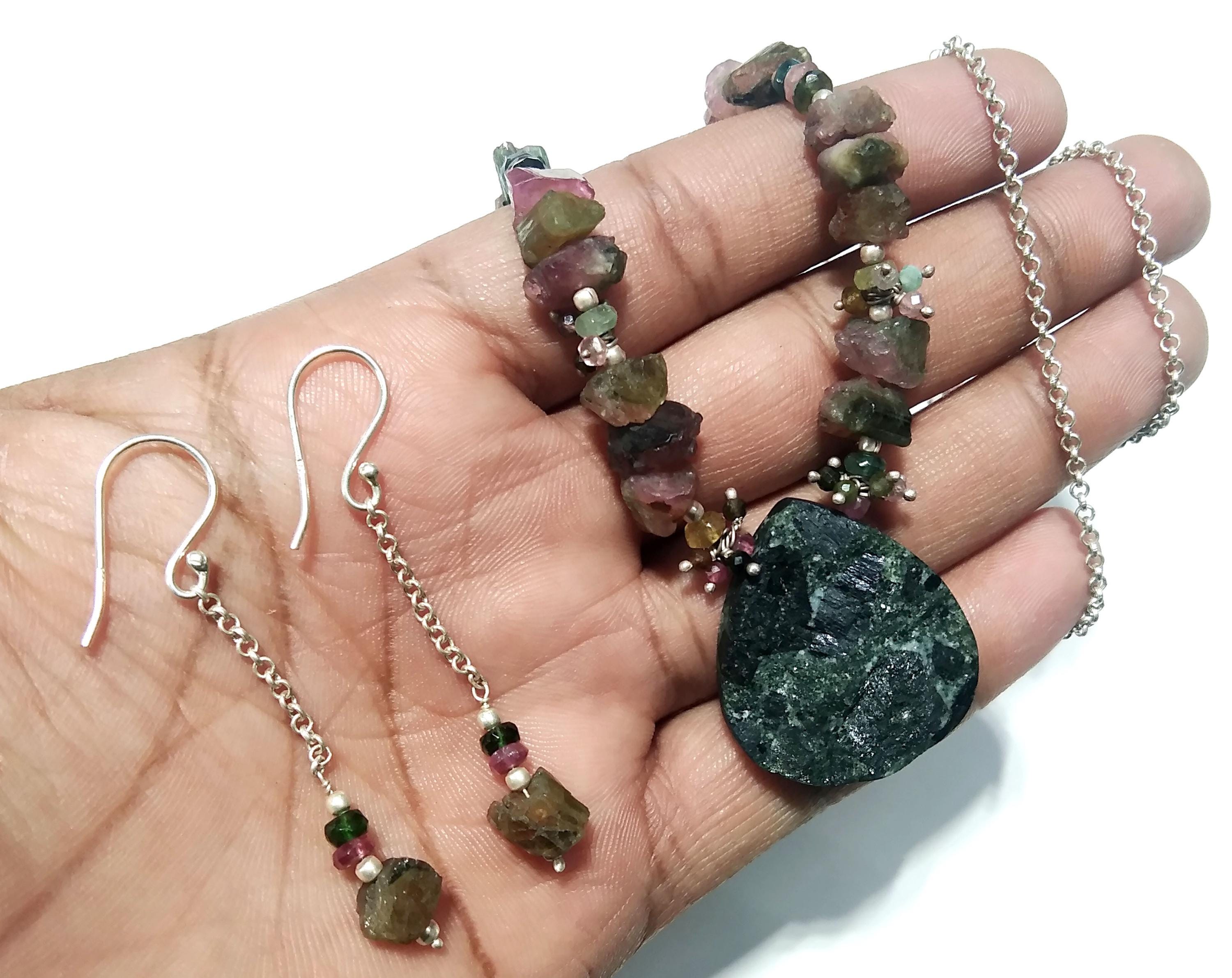 Natural Multi Tourmaline/Black Tourmaline Beads Necklace Set Jewelry, 925 Sterling Silver Necklace Beaded Necklace Statement Jewelry