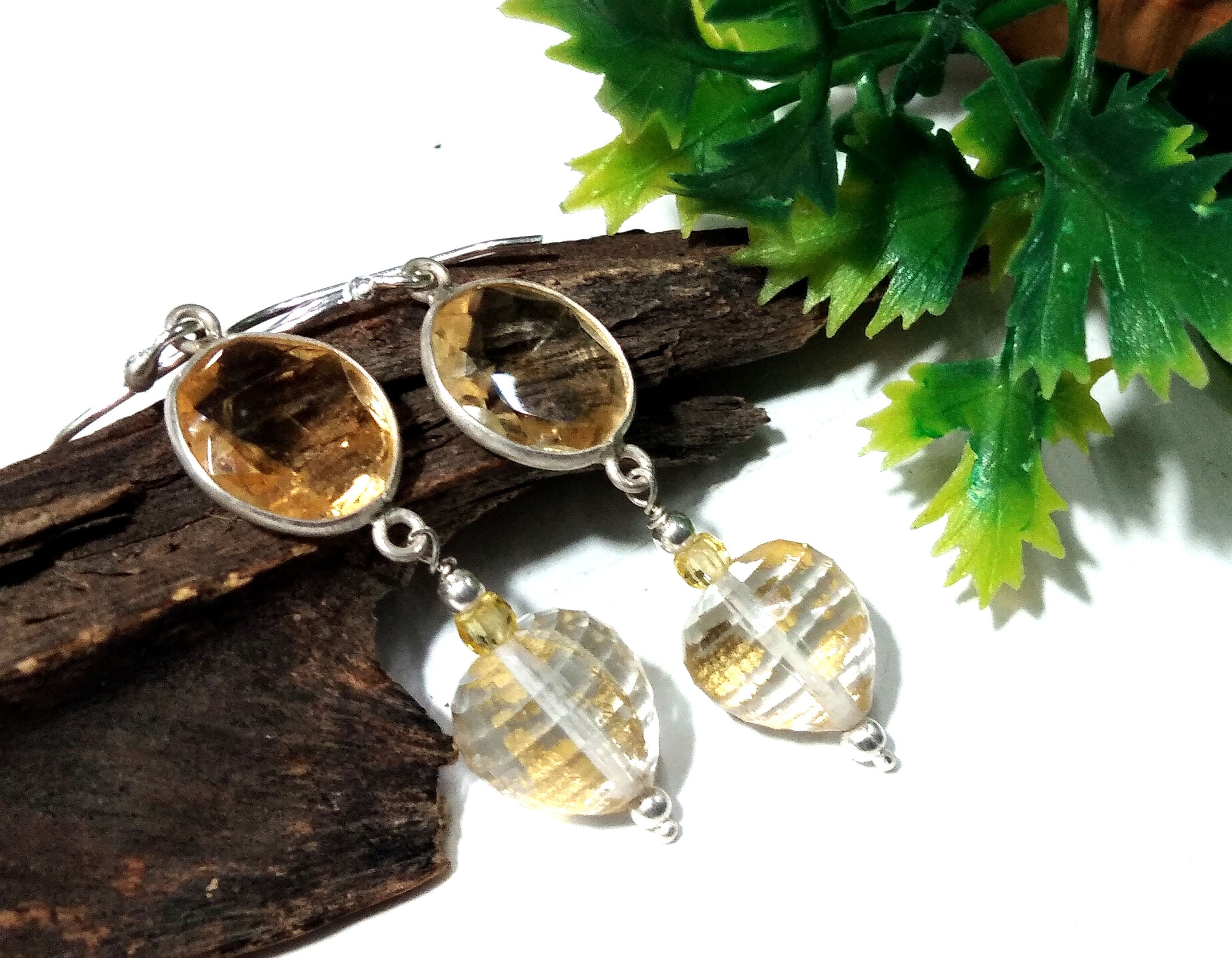 Natural Doublet Gemstone Crystal Quartz & Citrine Earrings, Amazing Color Gemstone With 925 Silver Earring, For Girls/Women
