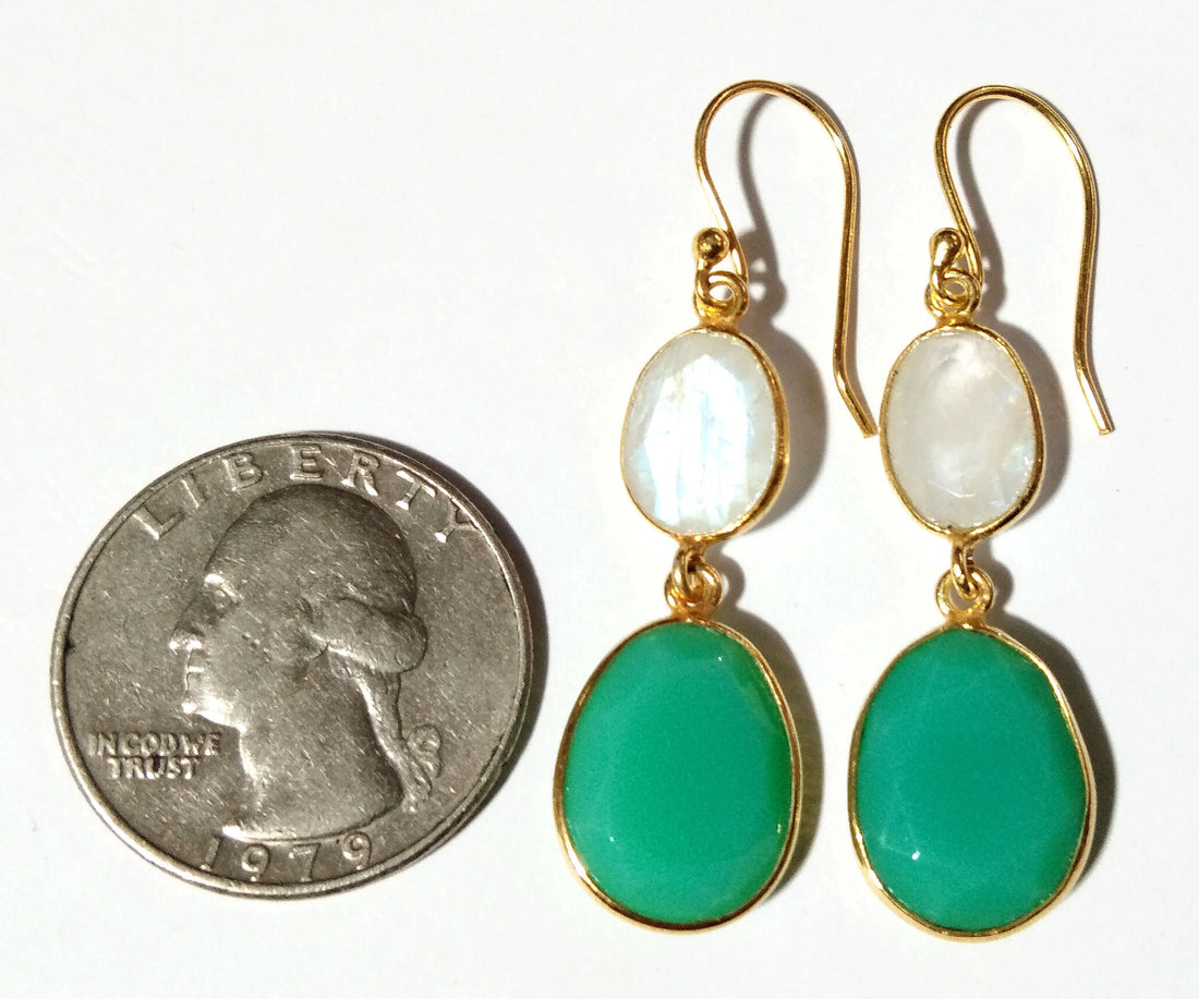 Beautiful Nice Earring ! Natural Gemstone Chryso Calcy & Rainbow Moonstone Earring, 925 Starling Silver With Gold Plated Earring For Women.