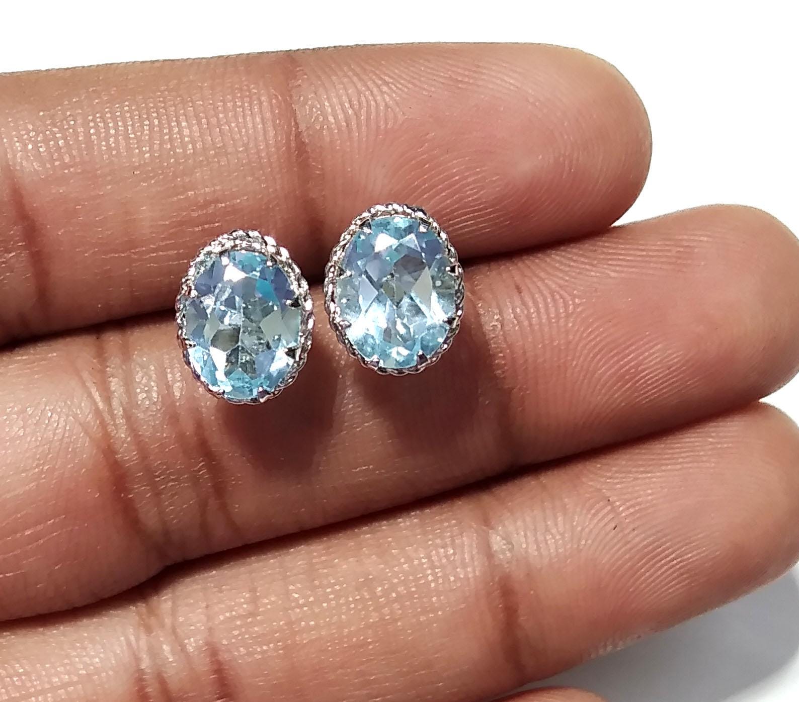 Blue Topaz Stud Earring, 925 Solid Starling Silver Earring Jewelry, Natural Blue Topaz Stone Oval Shape Stone Size 9x7mm Gift for Her, Studs