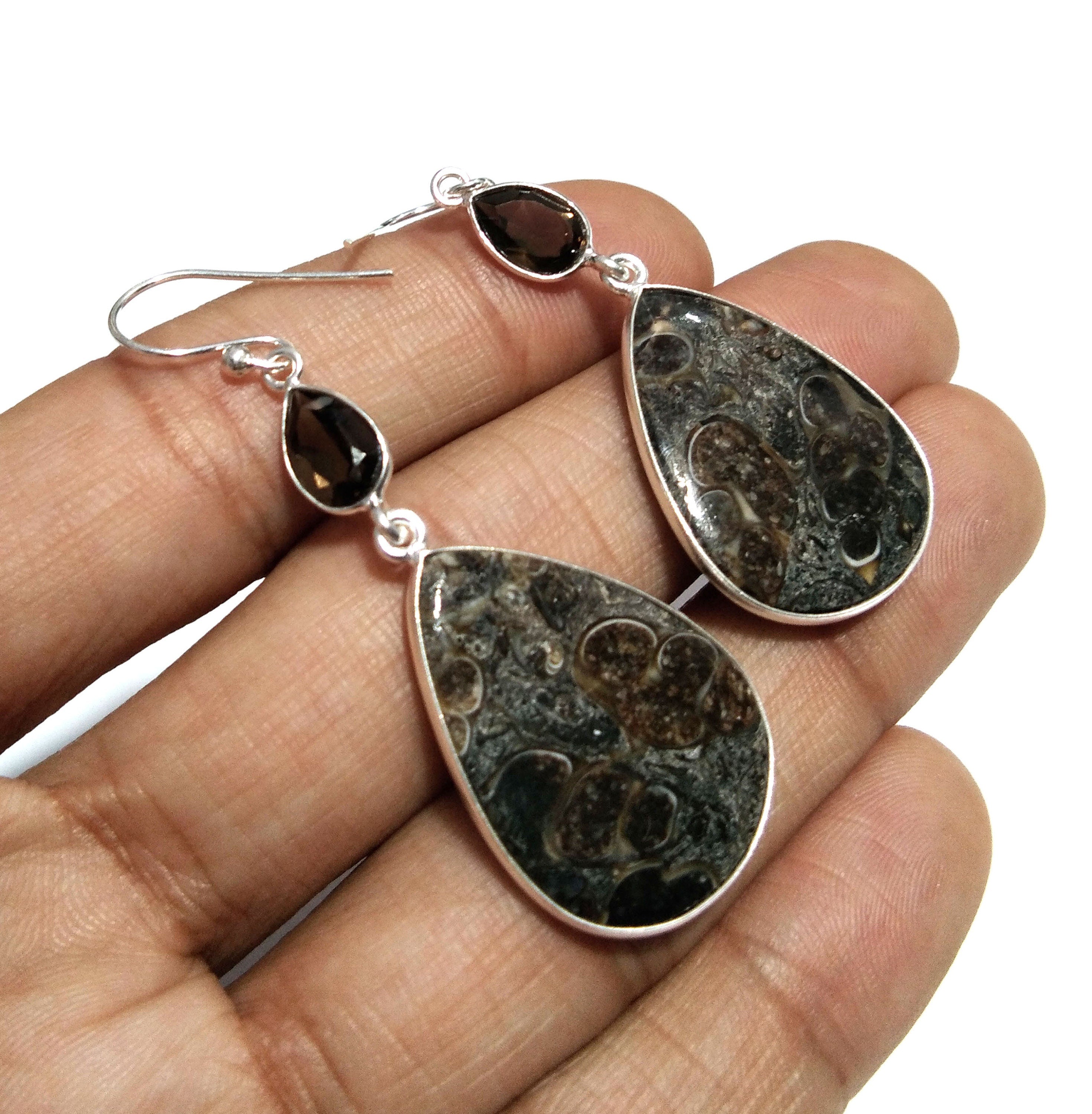 Natural Tutela Jasper/Smoky Quartz Gemstone Earring, 925 Solid Starling Silver Earring, Stone Size 27x19 mm Gift Birthday Earring Jewelry