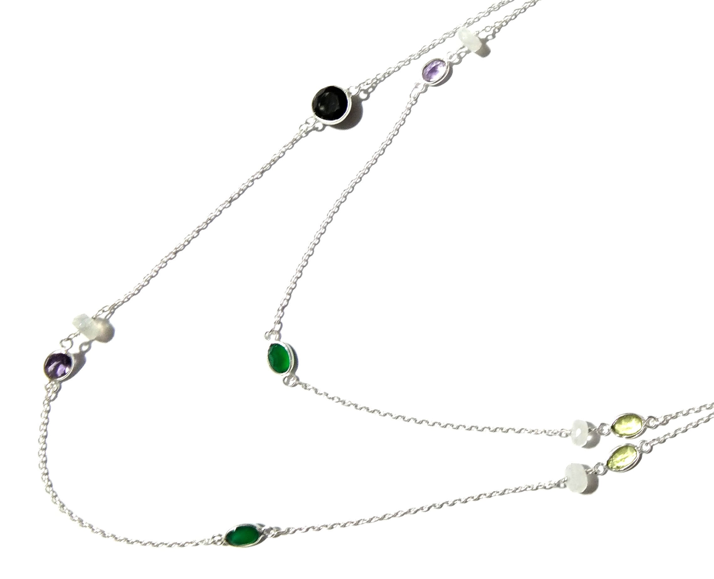 Beautiful Nice Multi Stone Beaded Log Necklace ! Natural Gemstone With 925 Starling Silver Necklace For Girls,Women Necklace Length 36 inch.