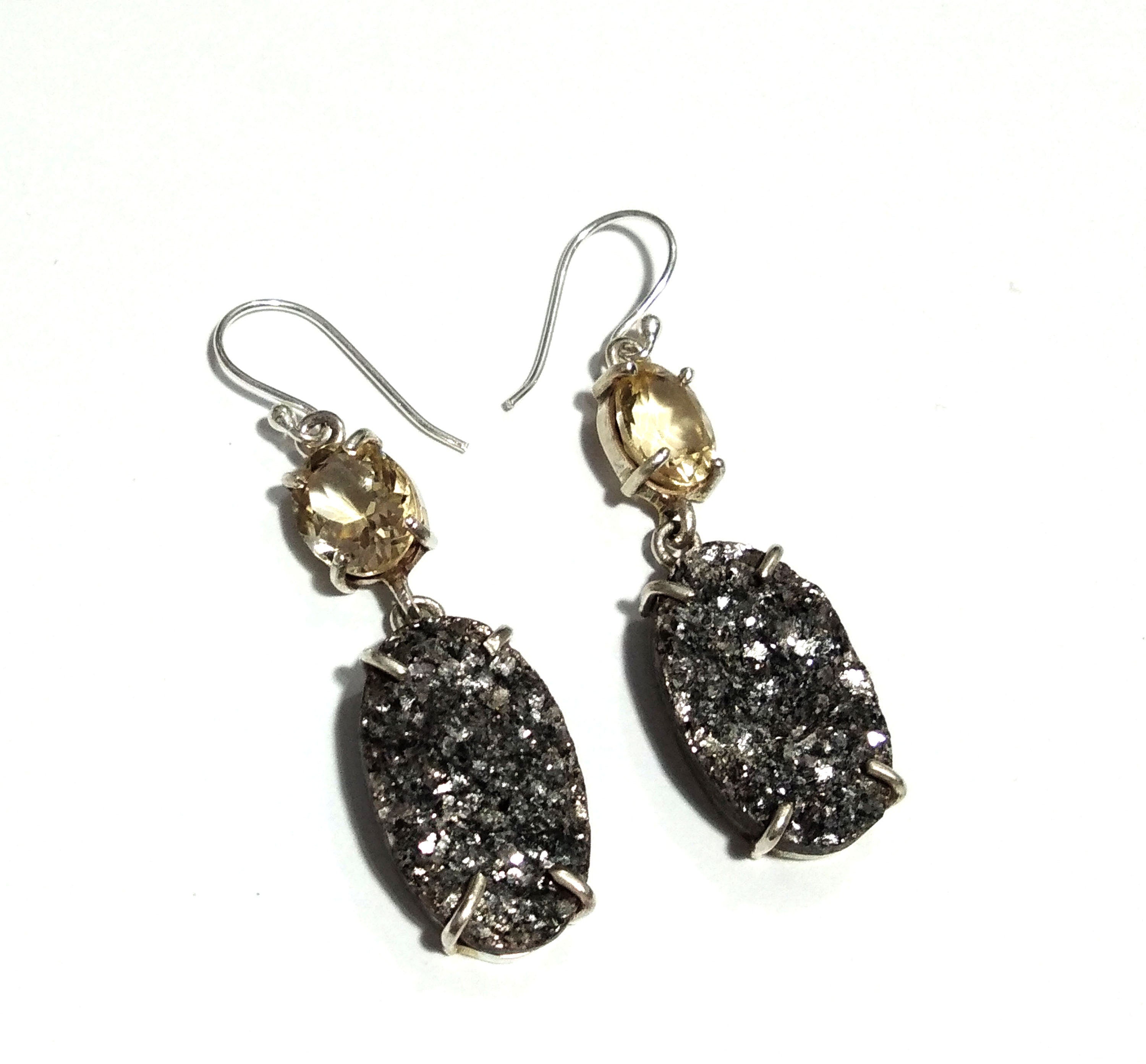 Natural Black Silver Mica Druzy Earring, 925 Solid Starling Silver Earring Jewelry, Stone Size 23x14 mm for Gift Anniversary Earring