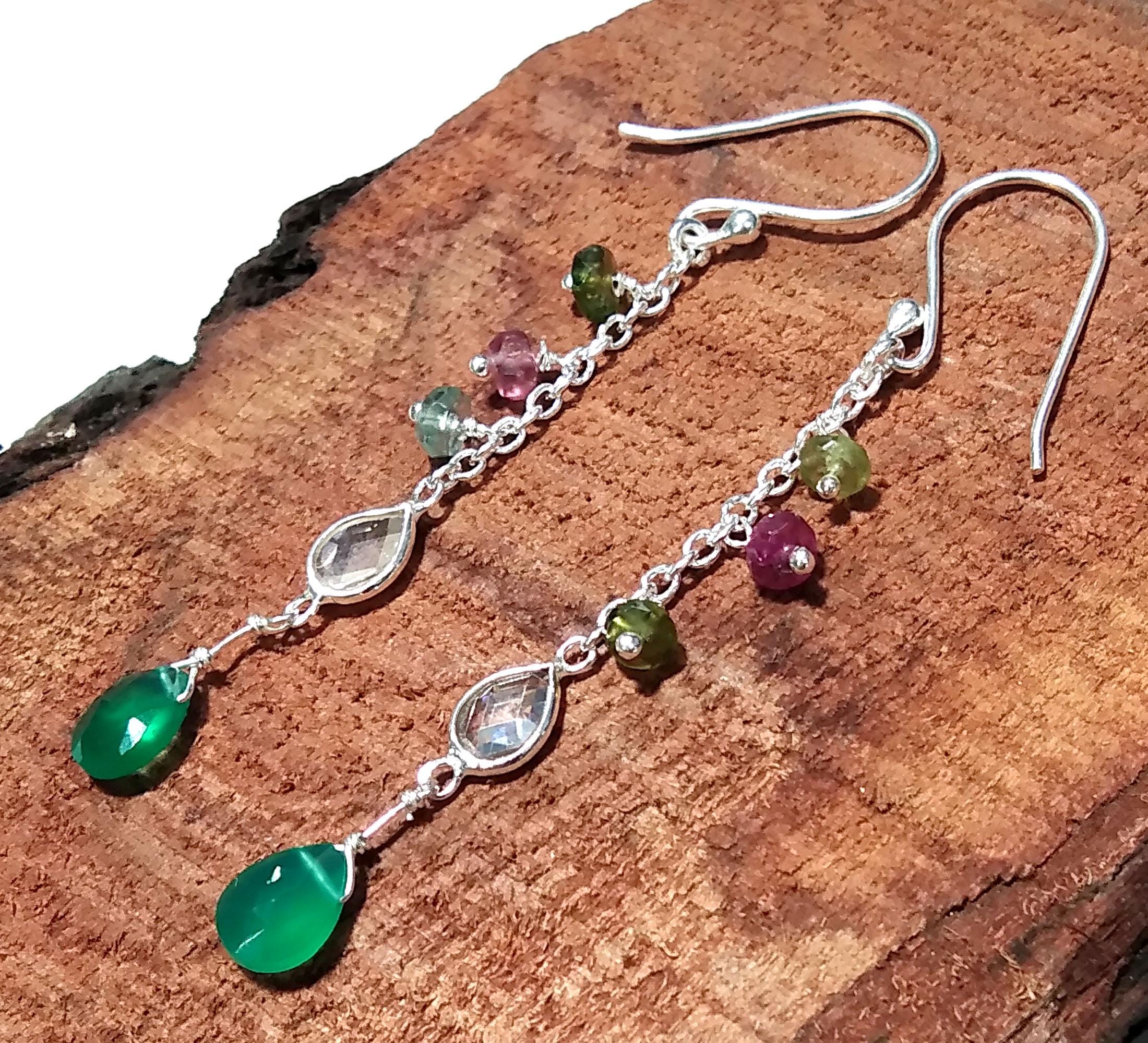 Natural Multi Tourmaline And Green Onyx Gemstone Earrings, 925 Sterling Silver Earring Handmade Making Jewelry Earring, For Girls & Women.